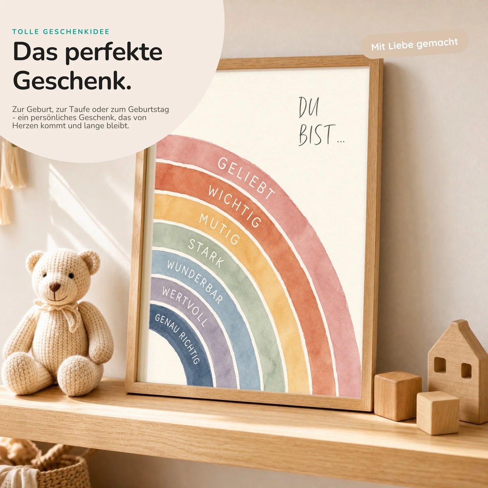 Affirmationsposter Kinderzimmer Regenbogen Du bist, mit optionalem Holzrahmen