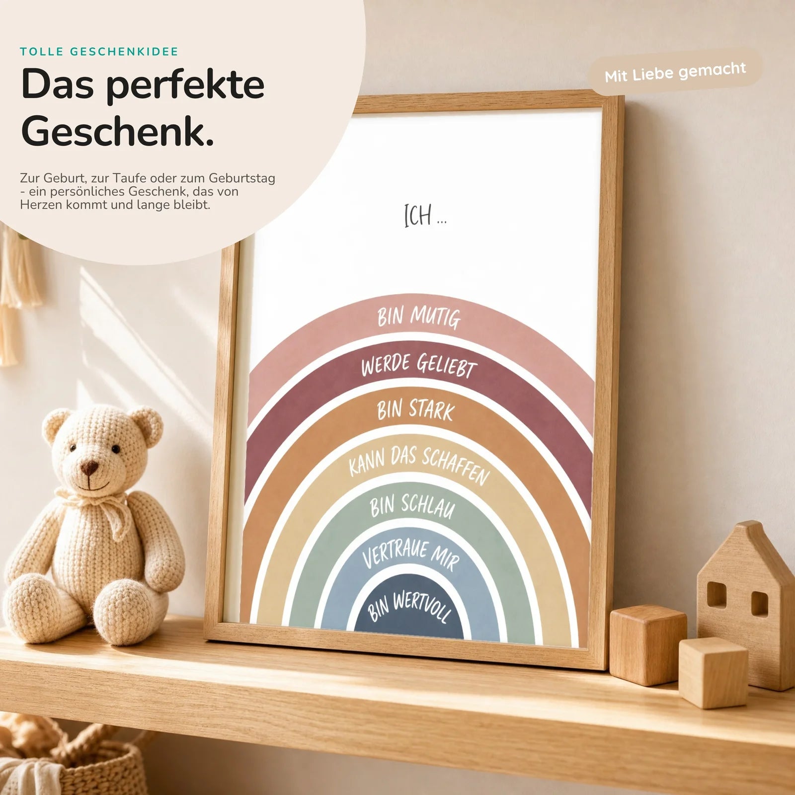 Affirmationsposter Kinderzimmer Regenbogen Ich bin mutig, mit optionalem Holzrahmen