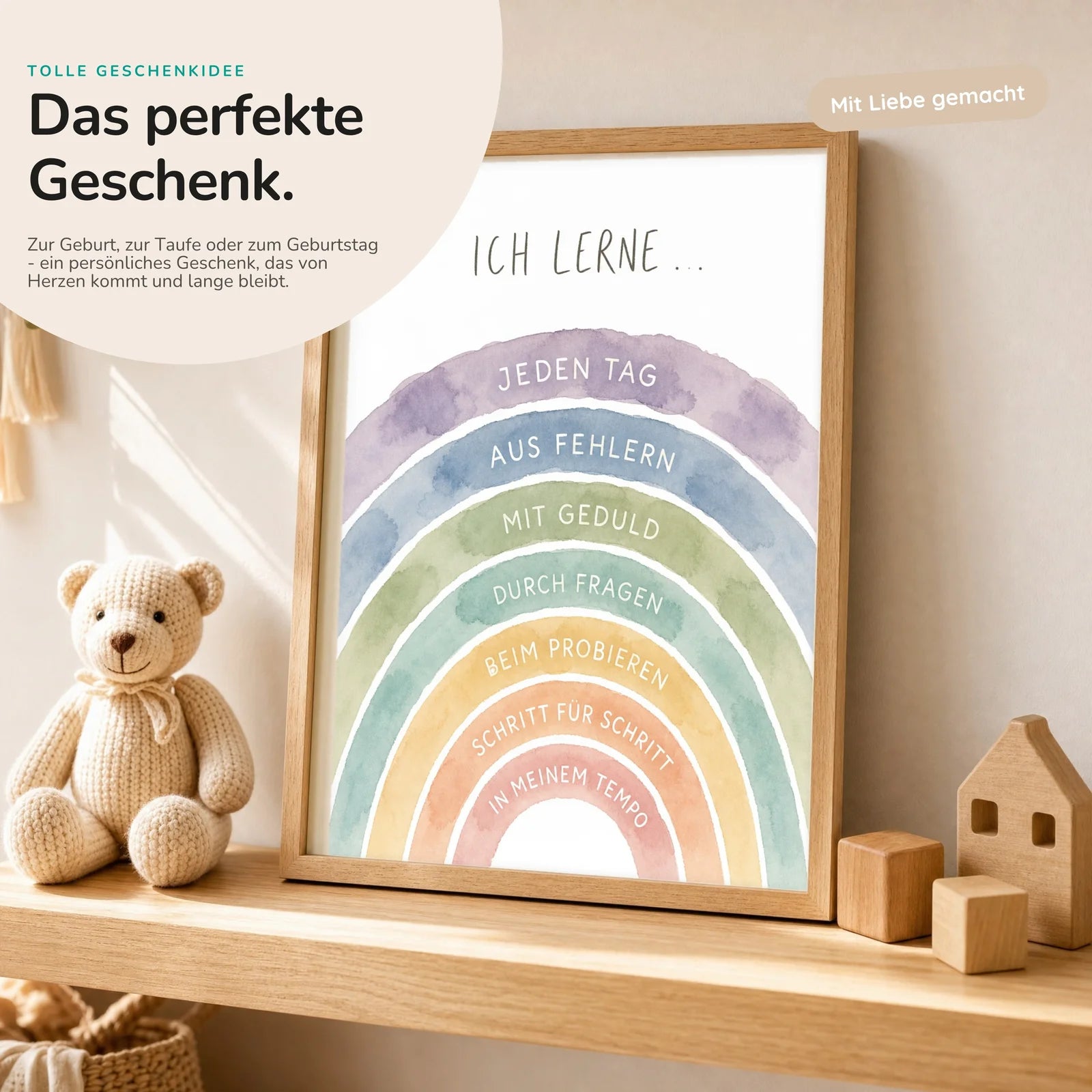 Affirmationsposter Kinderzimmer Regenbogen Ich lerne, mit optionalem Holzrahmen