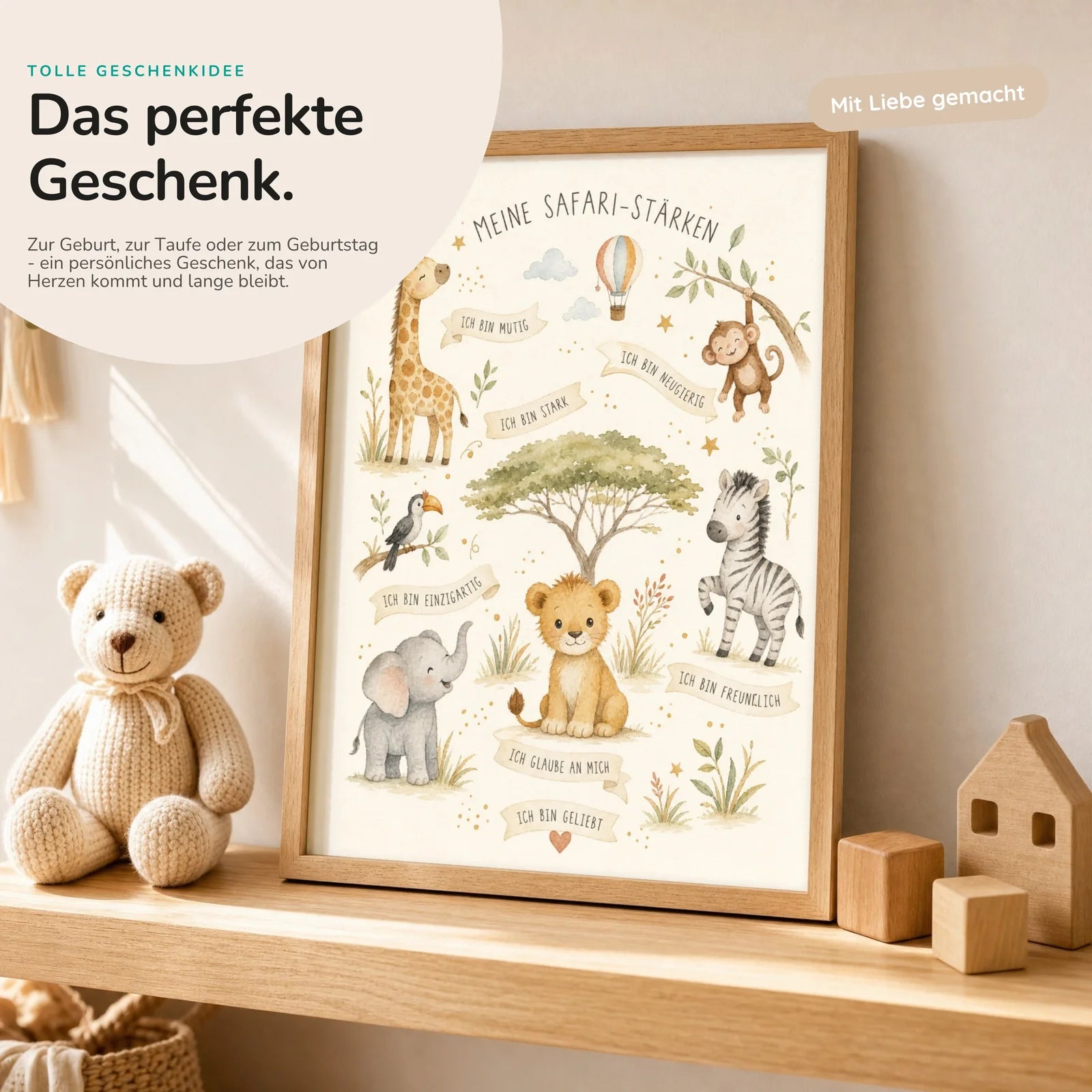 Affirmationsposter Kinderzimmer Safari-Stärken, mit optionalem Holzrahmen