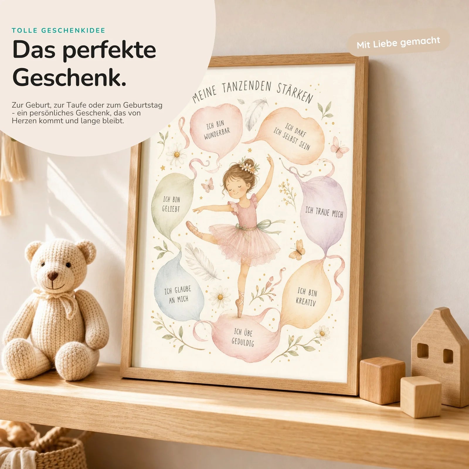 Affirmationsposter Kinderzimmer Tanzende Stärken, mit optionalem Holzrahmen