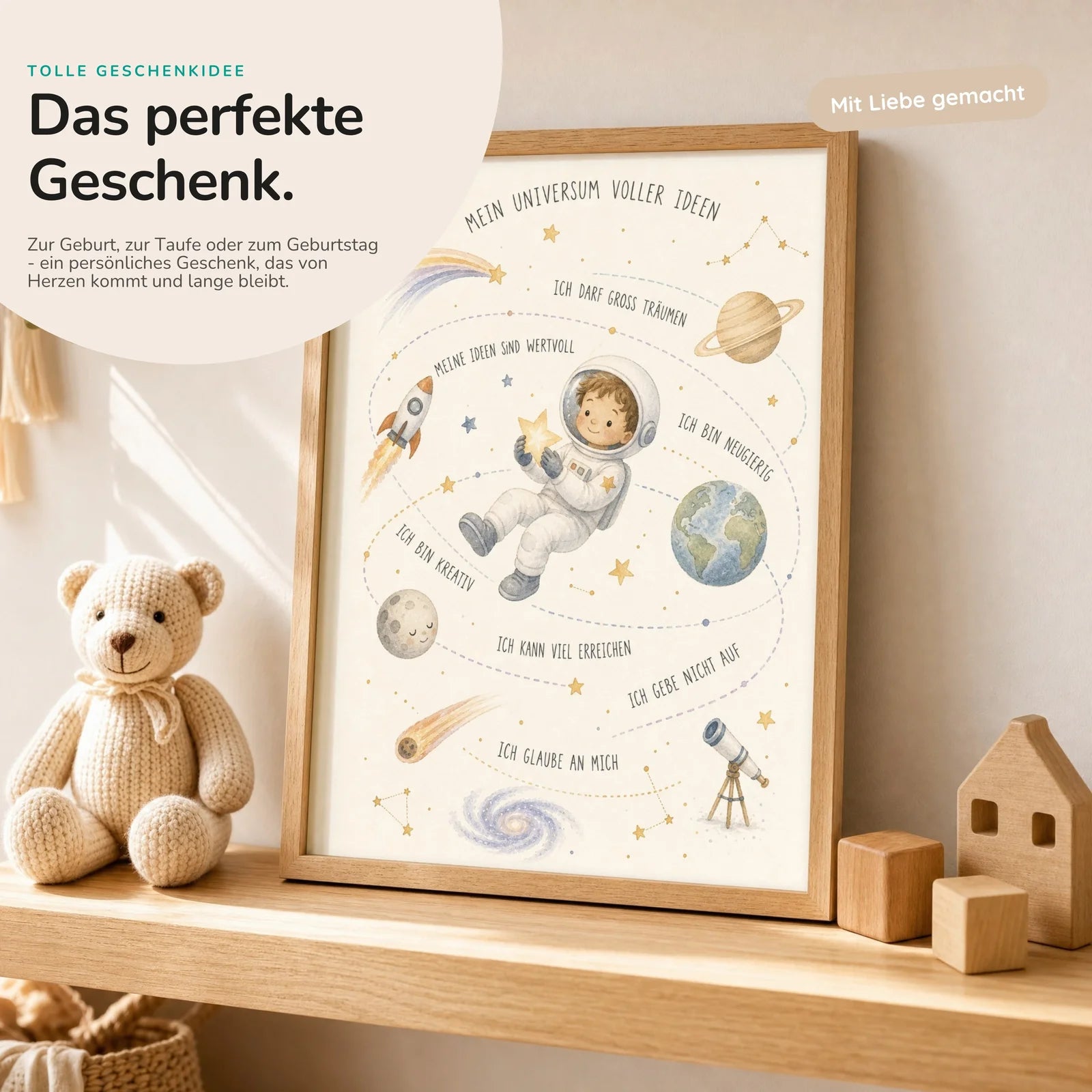 Affirmationsposter Kinderzimmer Universum voller Ideen, mit optionalem Holzrahmen