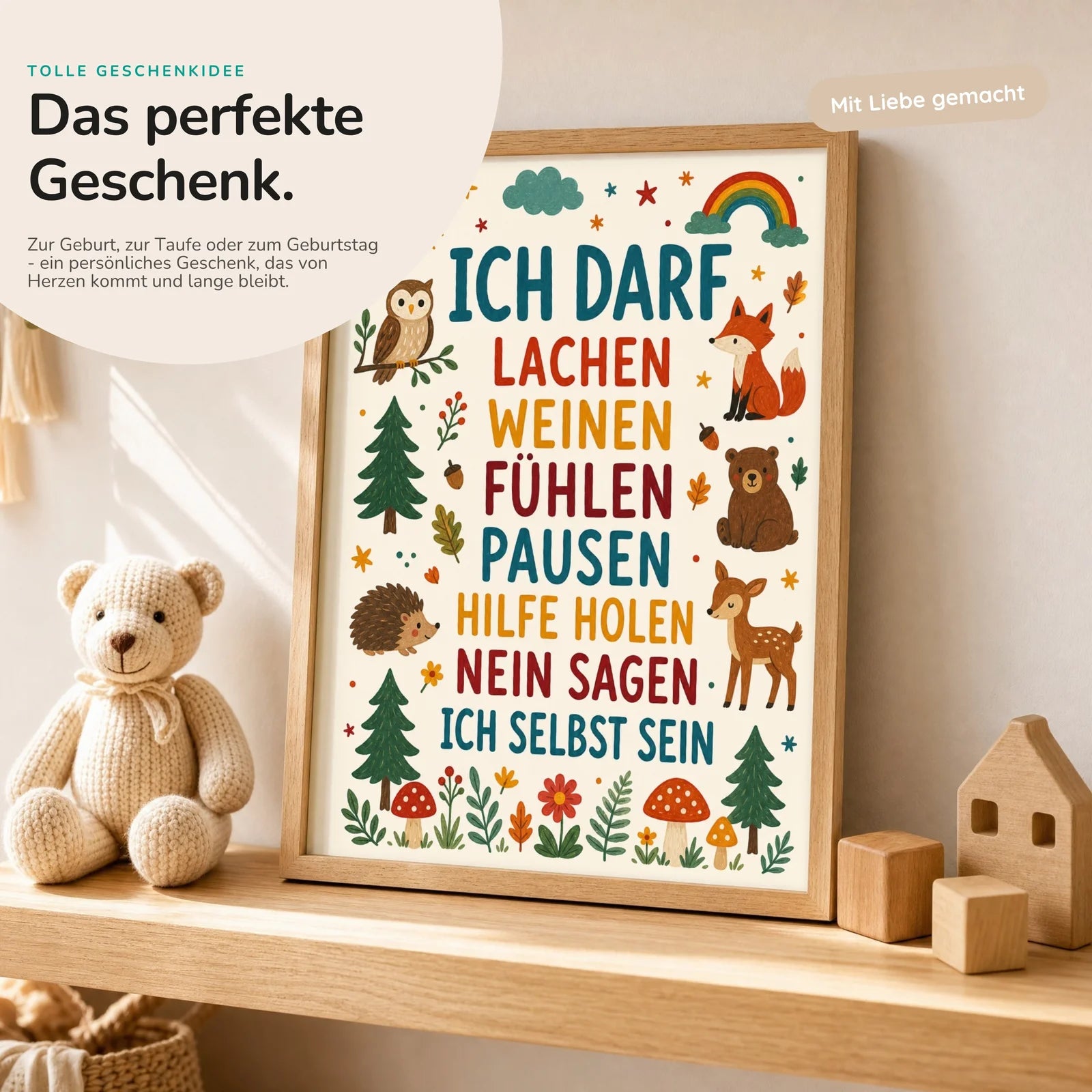 Affirmationsposter Kinderzimmer Wald Ich darf lachen, mit optionalem Holzrahmen