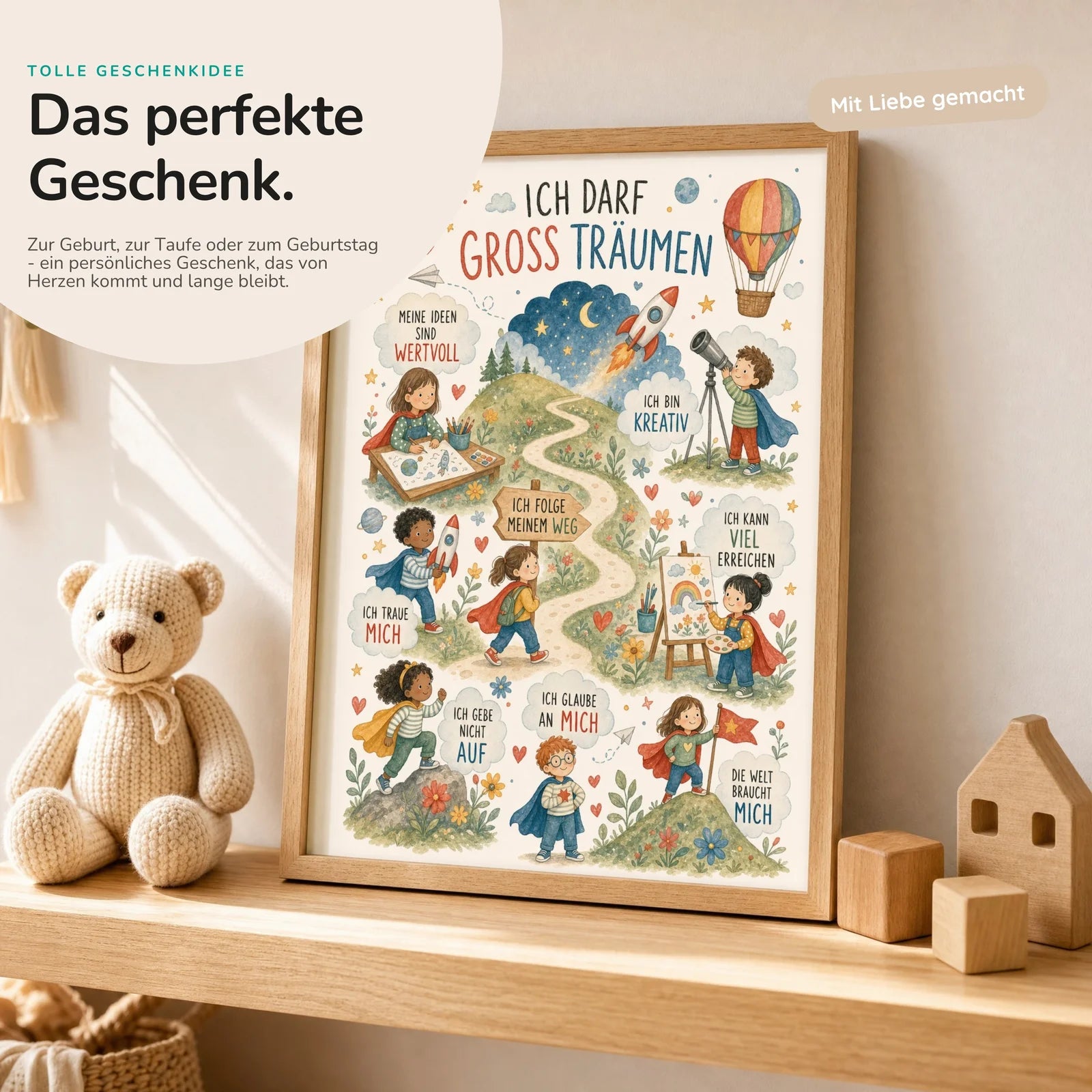 Affirmationsposter Kinderzimmer Wimmelbild Groß träumen, mit optionalem Holzrahmen