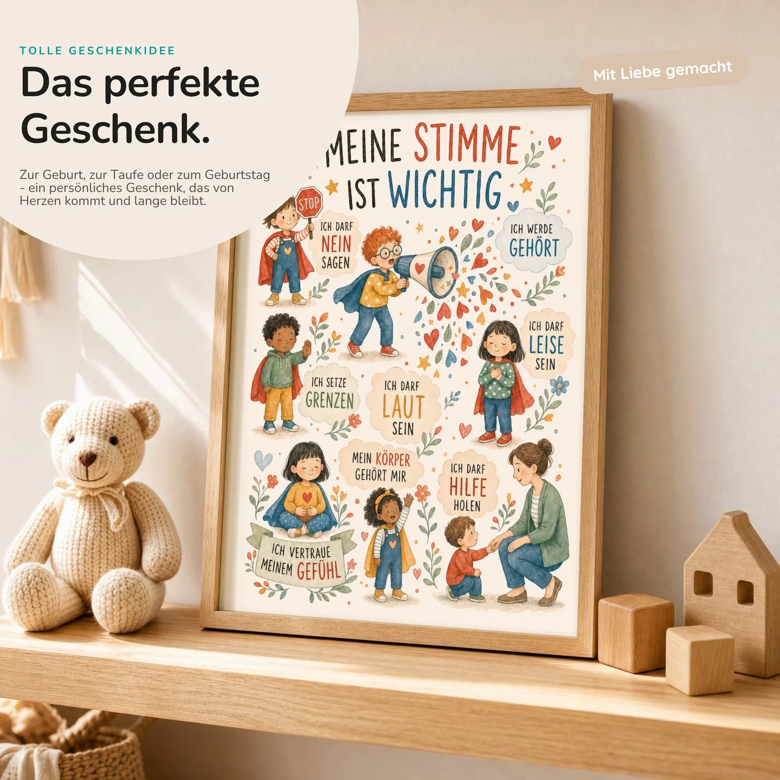 Affirmationsposter Kinderzimmer Wimmelbild Meine Stimme, mit optionalem Holzrahmen