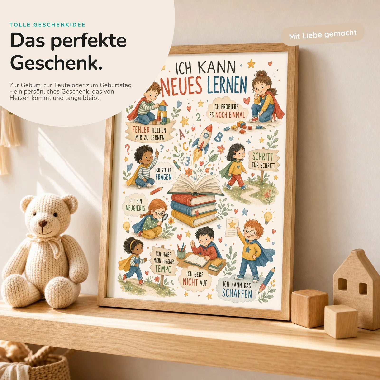 Affirmationsposter Kinderzimmer Wimmelbild Neues lernen, mit optionalem Holzrahmen