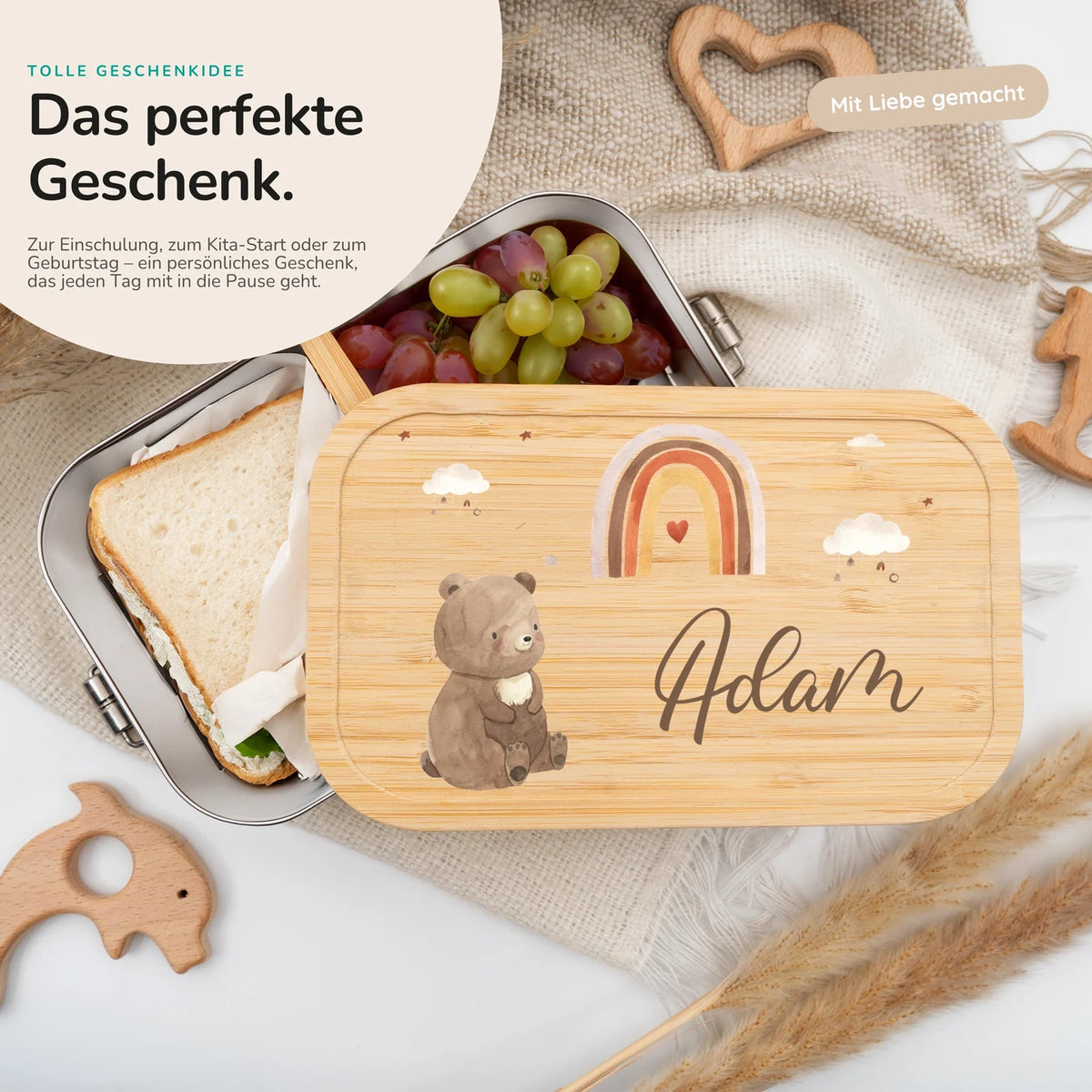 Brotdose Kinder personalisiert - Boho Bär Regenbogen
