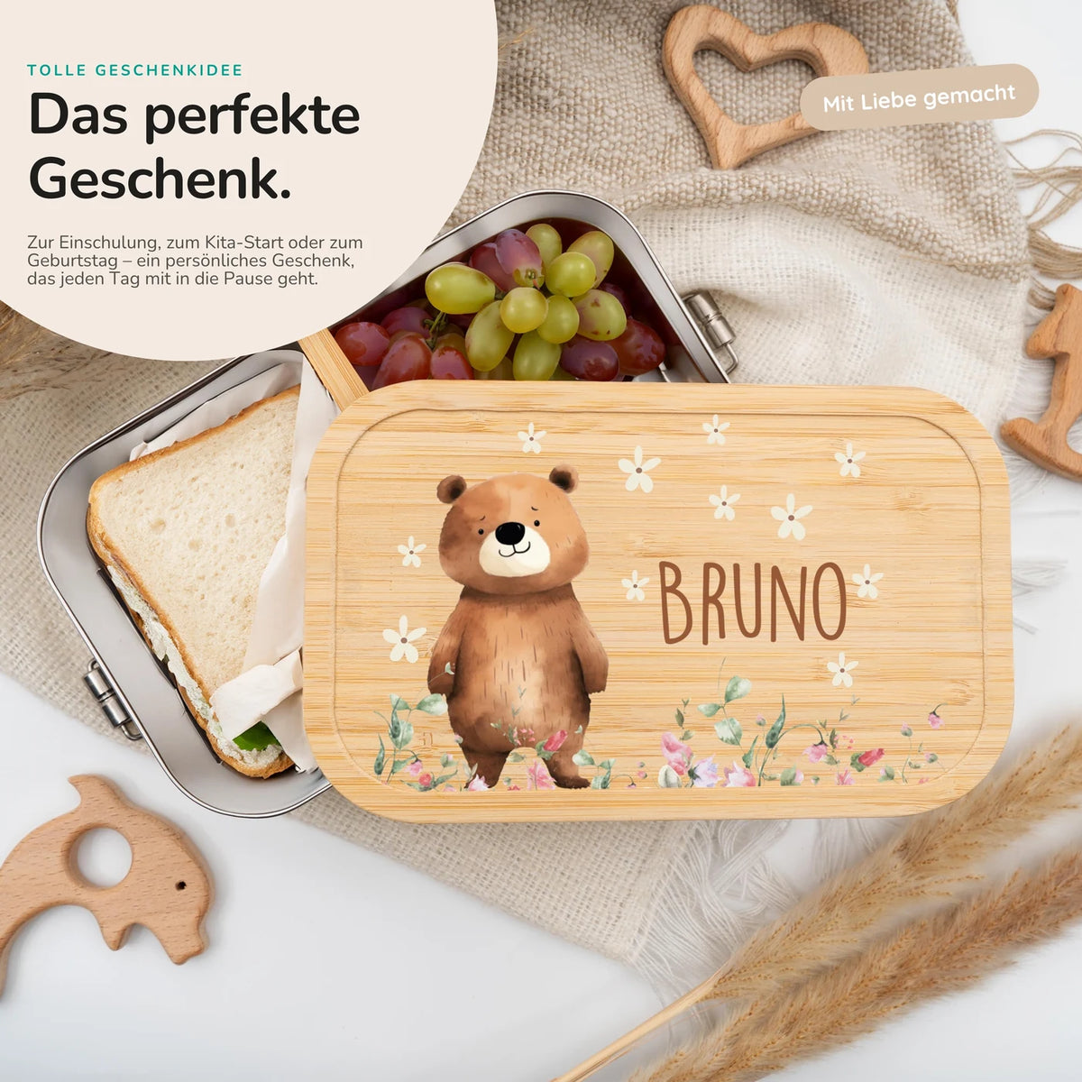 Brotdose personalisiert Bär Blumenwiese