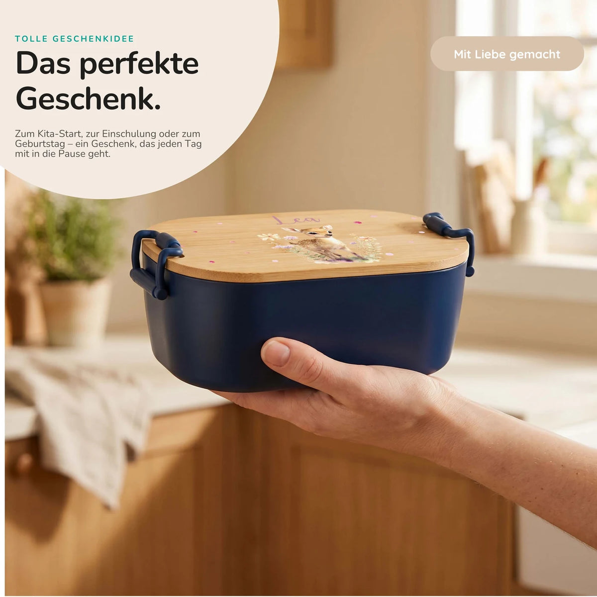 Brotdose Kinder personalisiert, Rehkitz mit Blumen