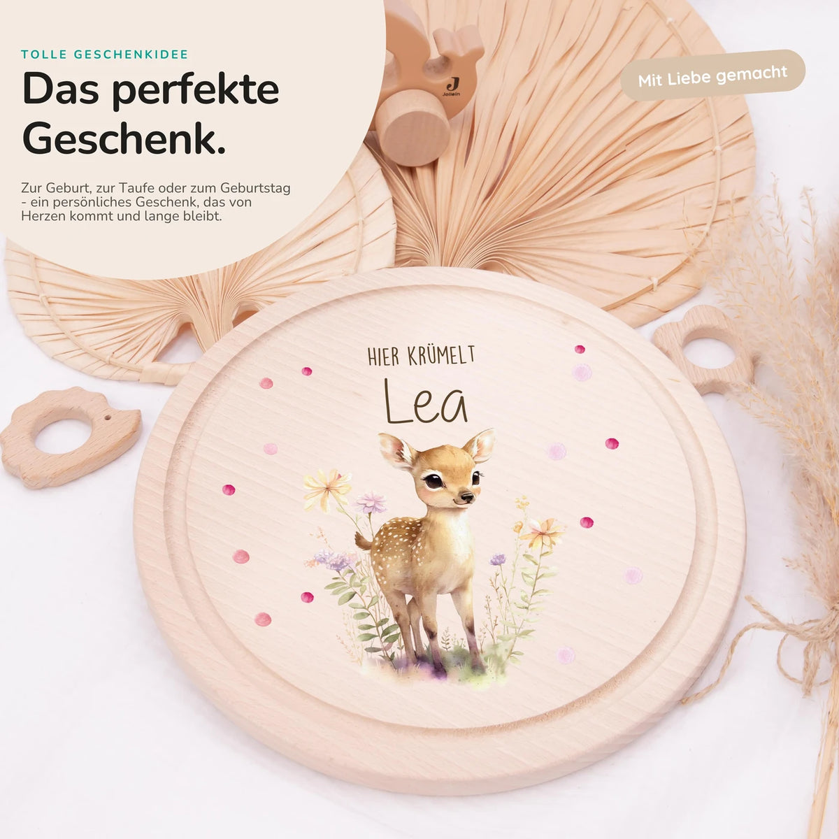 Rundes personalisiertes Frühstücksbrettchen Reh mit Namen für Kinder