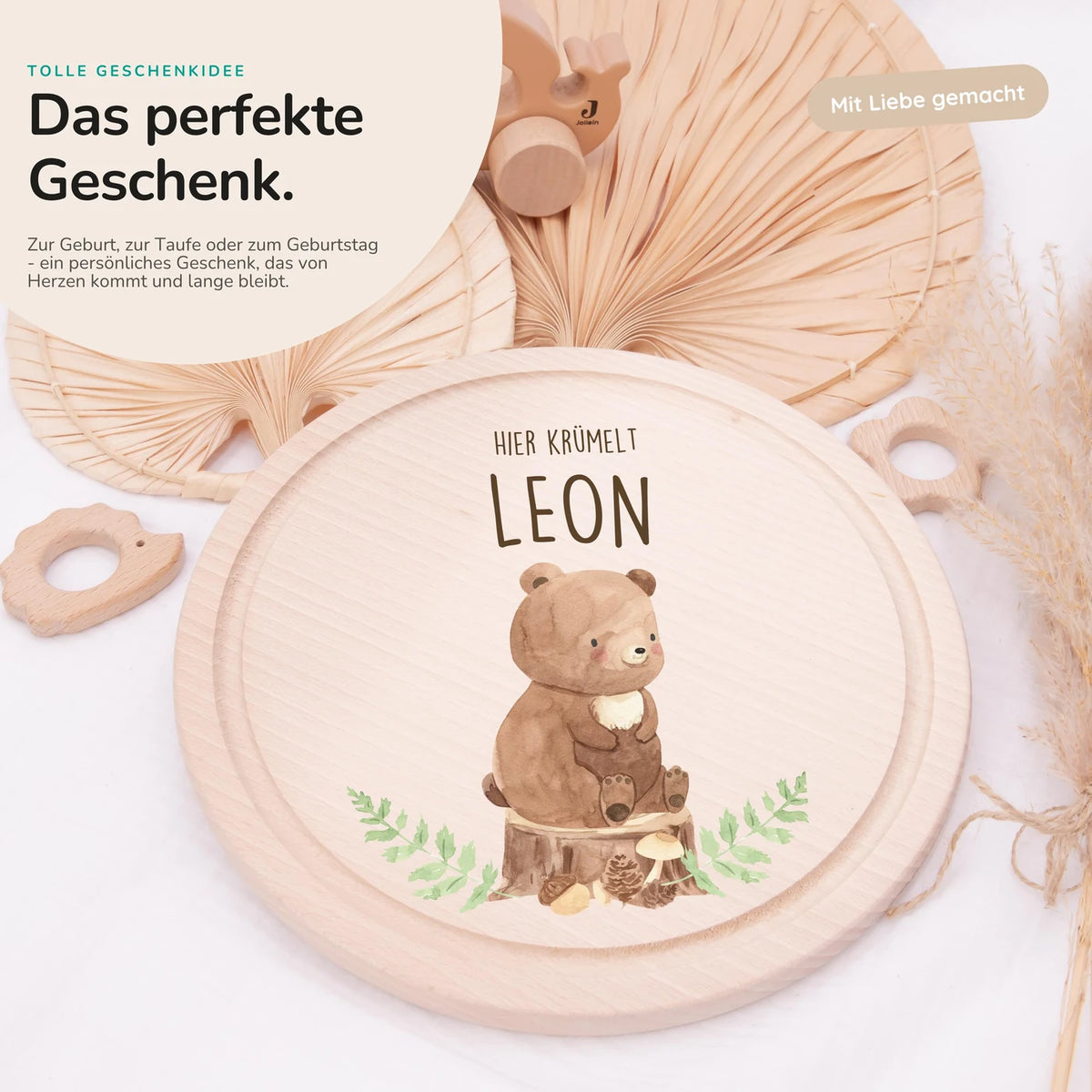 Rundes personalisiertes Frühstücksbrettchen Bär mit Namen für Kinder