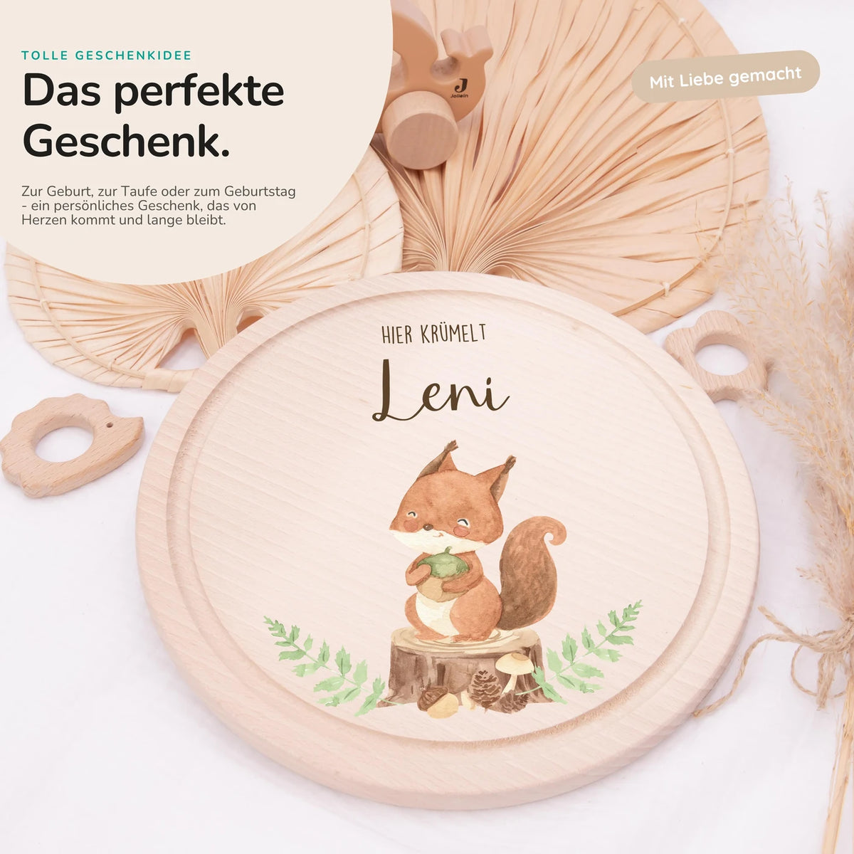 Rundes personalisiertes Frühstücksbrettchen Eichhörnchen mit Namen für Kinder