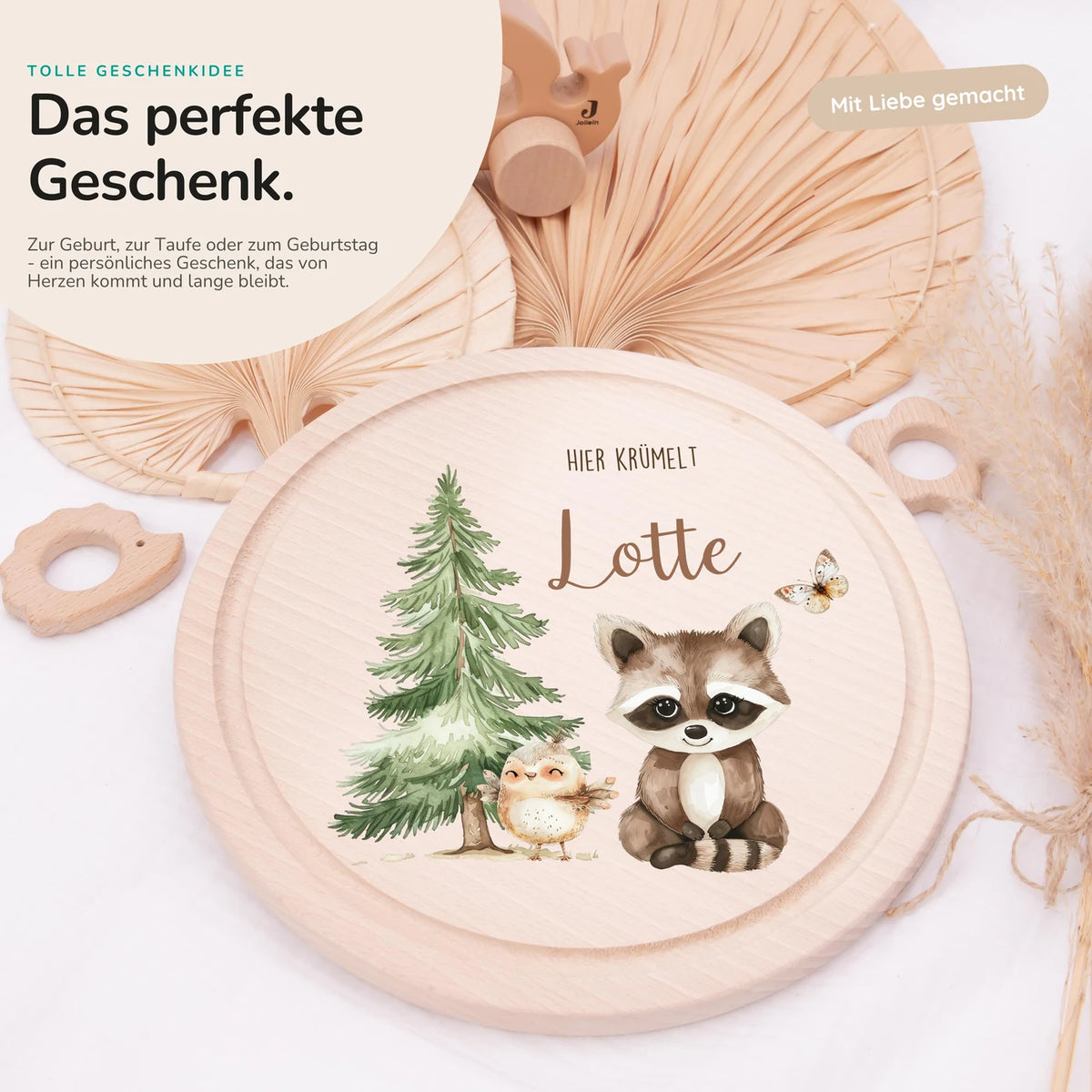 Rundes personalisiertes Frühstücksbrettchen Waschbär und Vogel mit Namen für Kinder