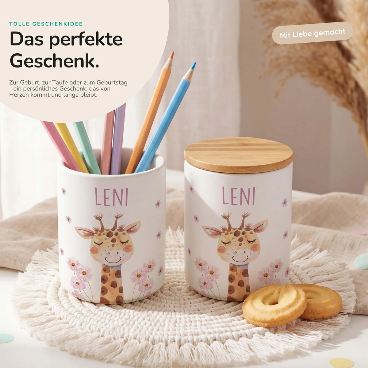 Personalisierte Keksdose Giraffe Blumen – Keramik & Bambus mit Wunschname