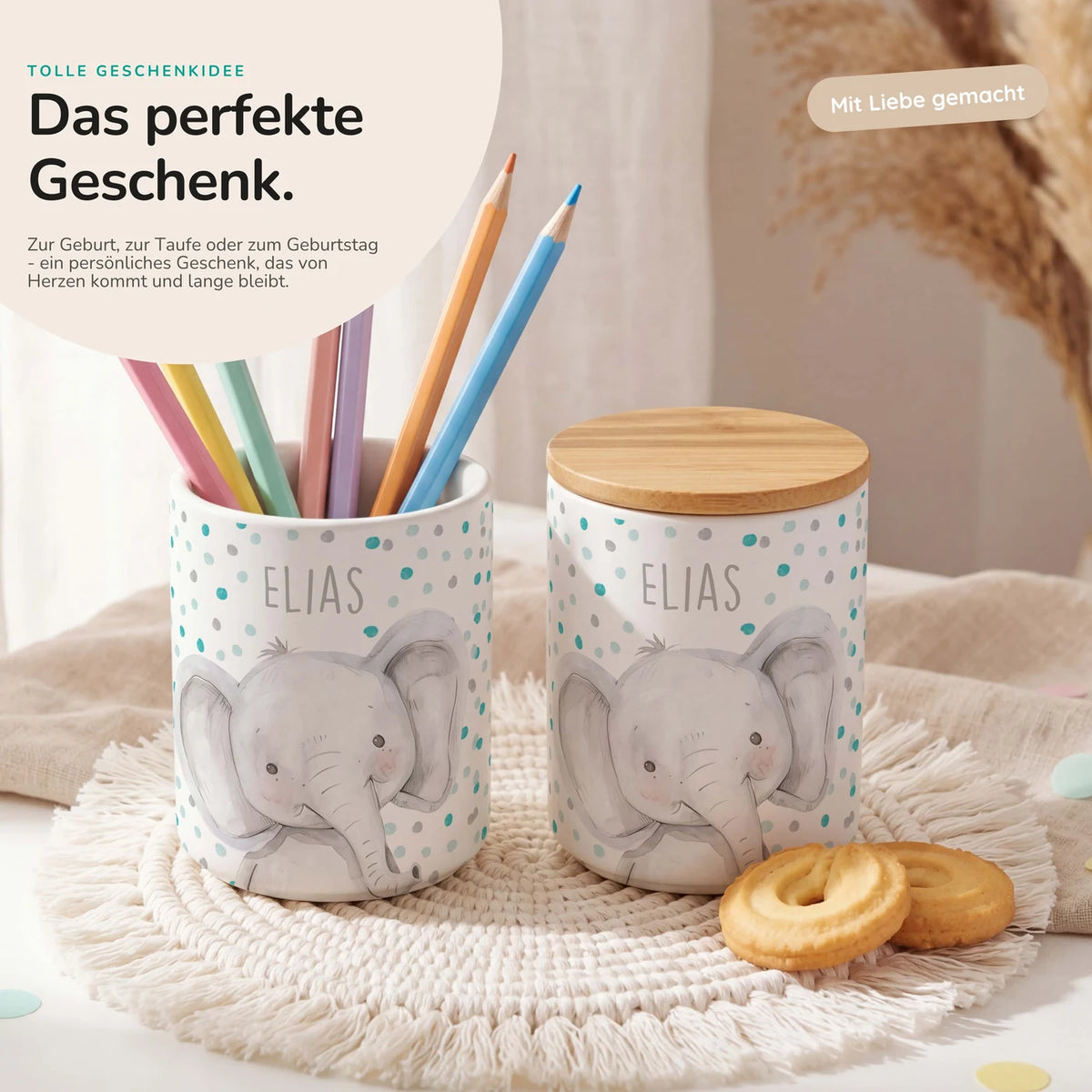 Personalisierte Keksdose Elefant Konfetti – Keramik & Bambus mit Wunschname