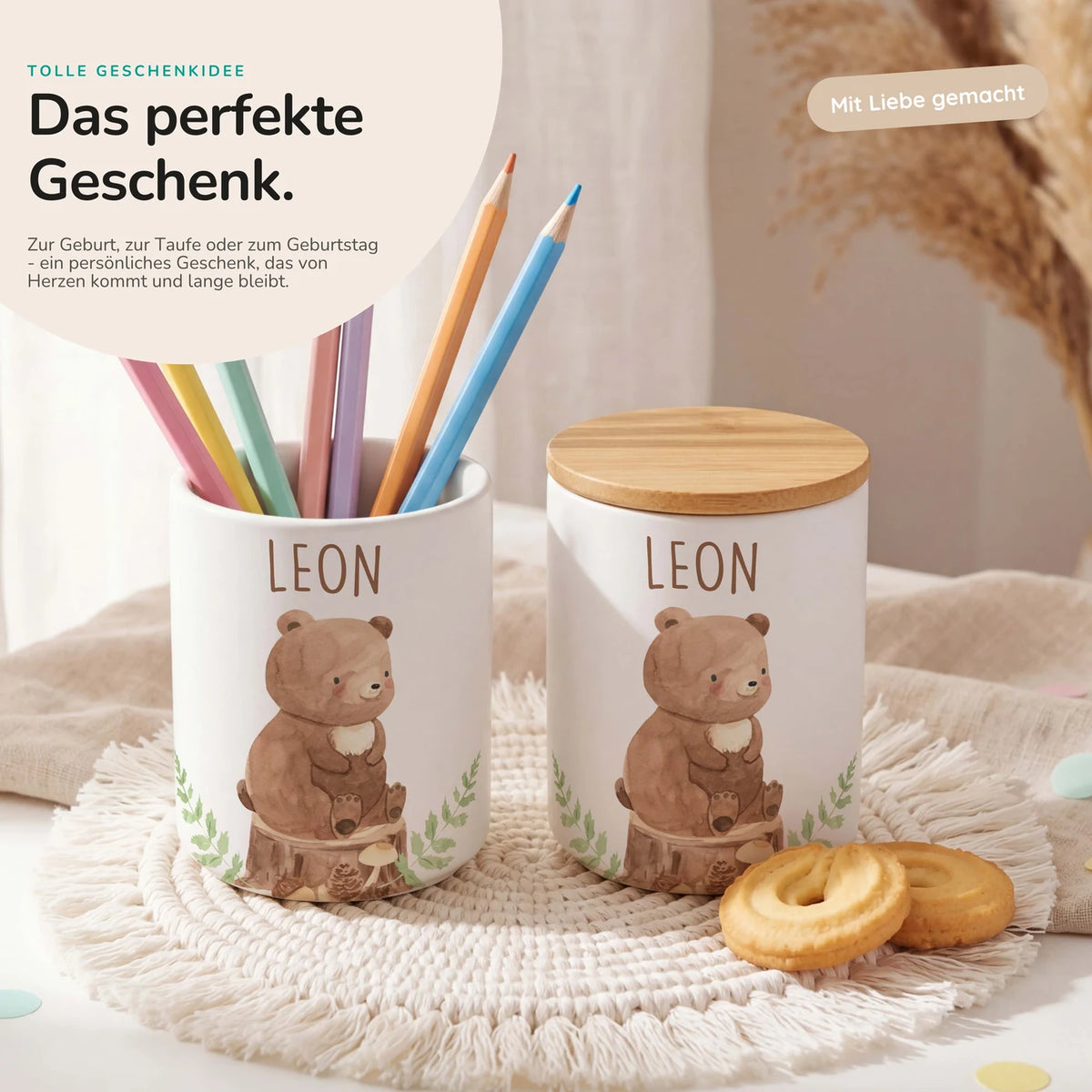 Personalisierte Keksdose Bär Wald – Keramik & Bambus mit Wunschname