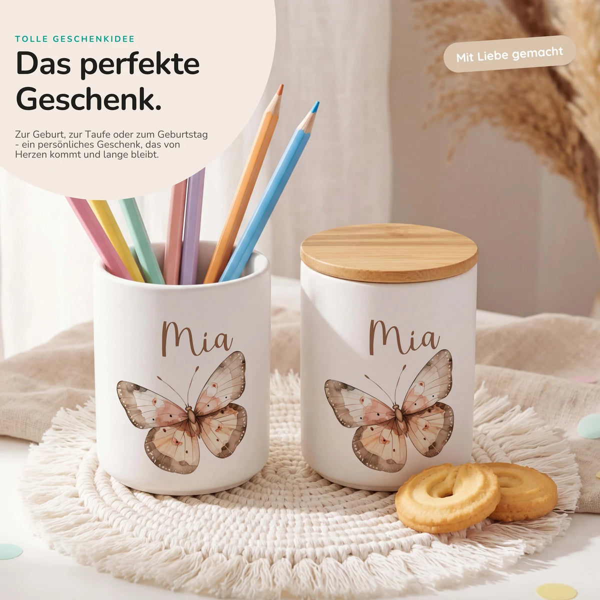 Personalisierte Keksdose Schmetterling – Keramik & Bambus mit Wunschname