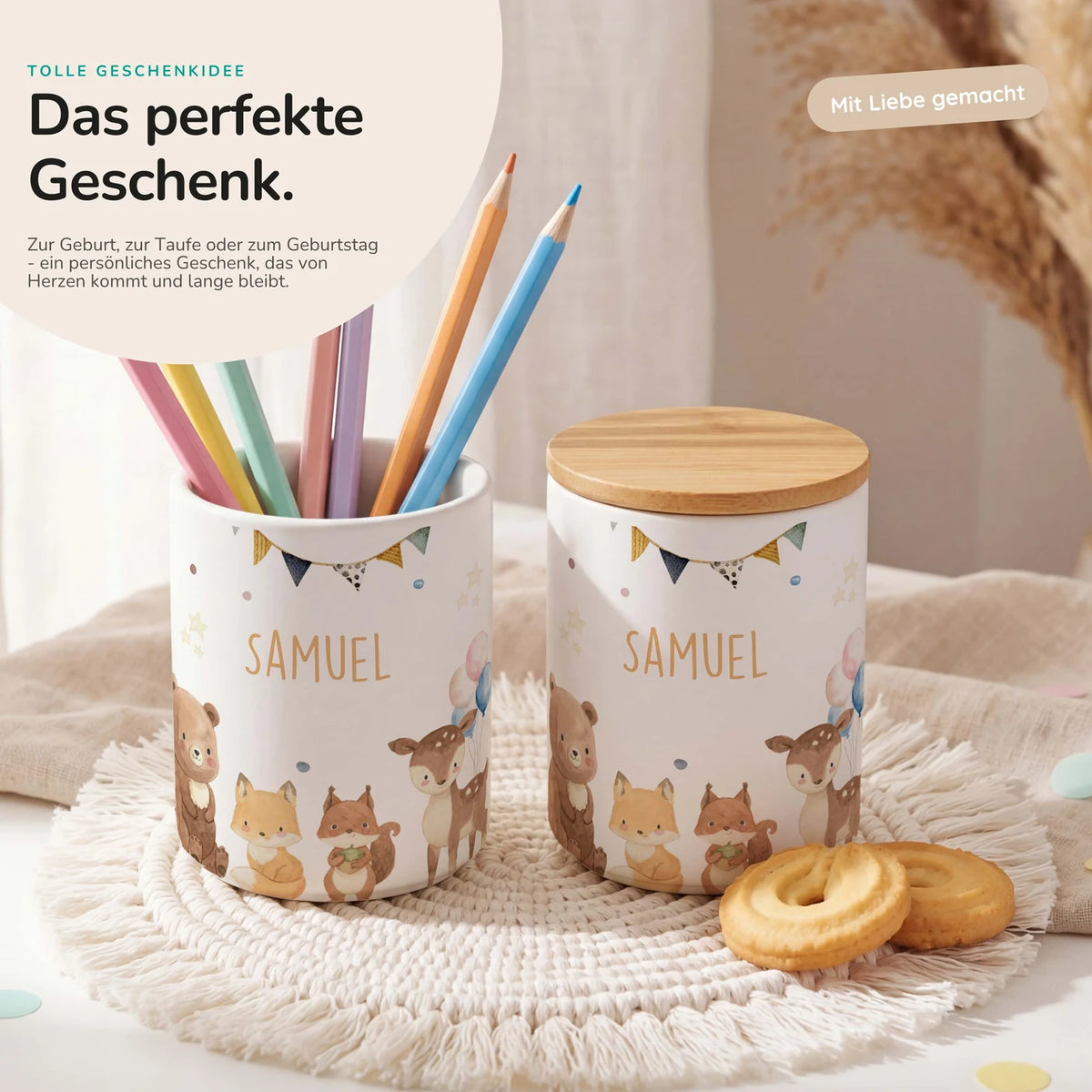 Personalisierte Keksdose Waldtiere Party – Keramik & Bambus mit Wunschname
