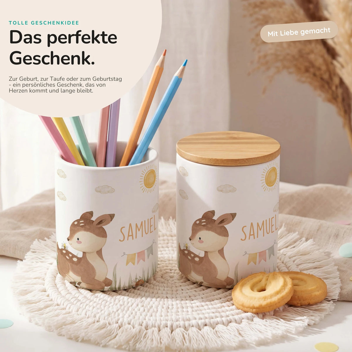 Personalisierte Keksdose Rehkitz Sonne – Keramik & Bambus mit Wunschname