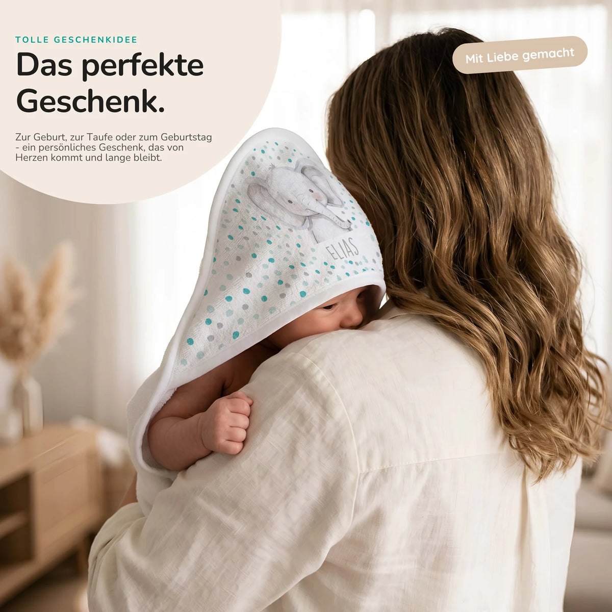 Personalisiertes Kapuzenhandtuch Baby – Elefant Konfetti