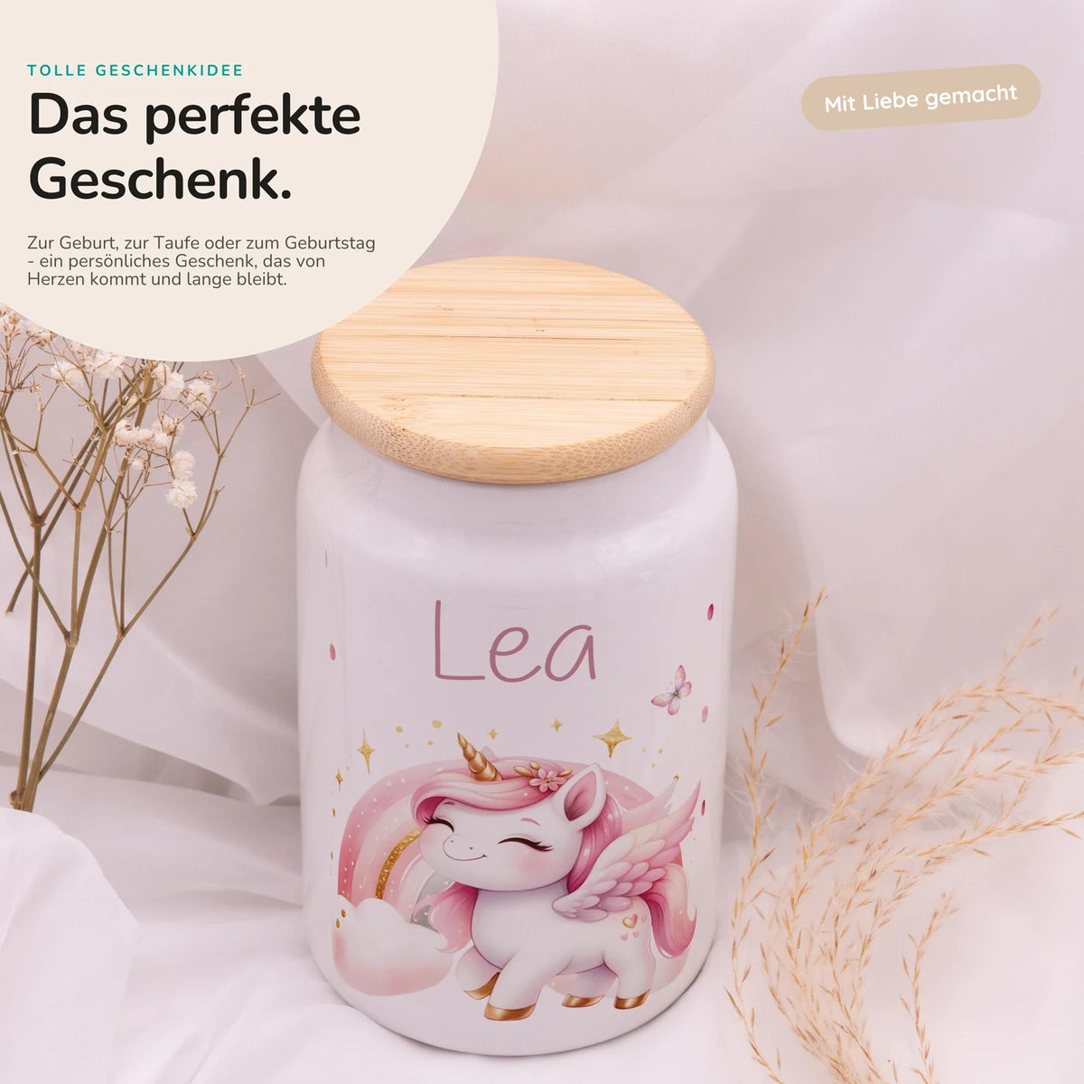 Personalisierbare Keksdose mit Name - Einhorn Regenbogen