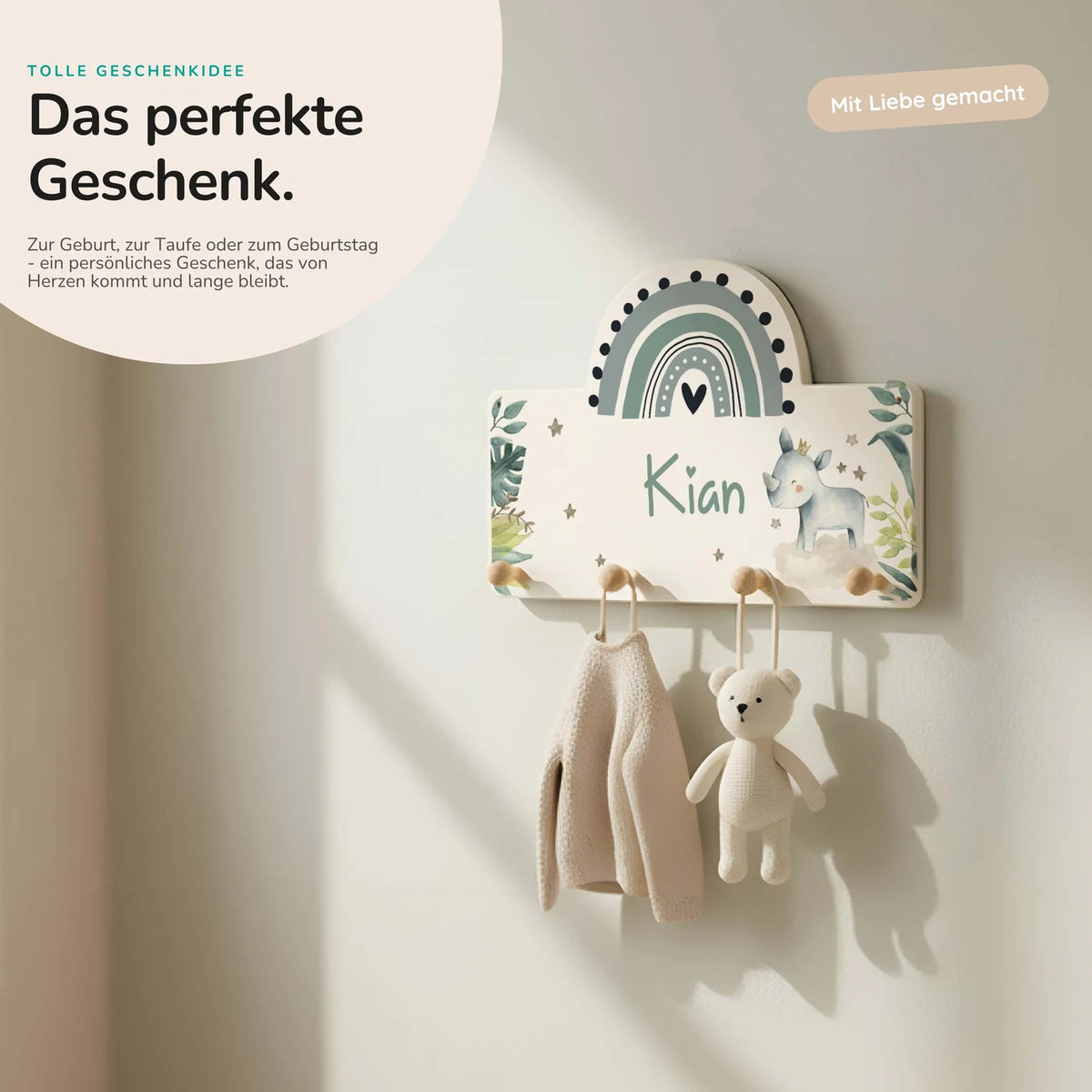 Kindergarderobe Holz personalisiert - Nashorn