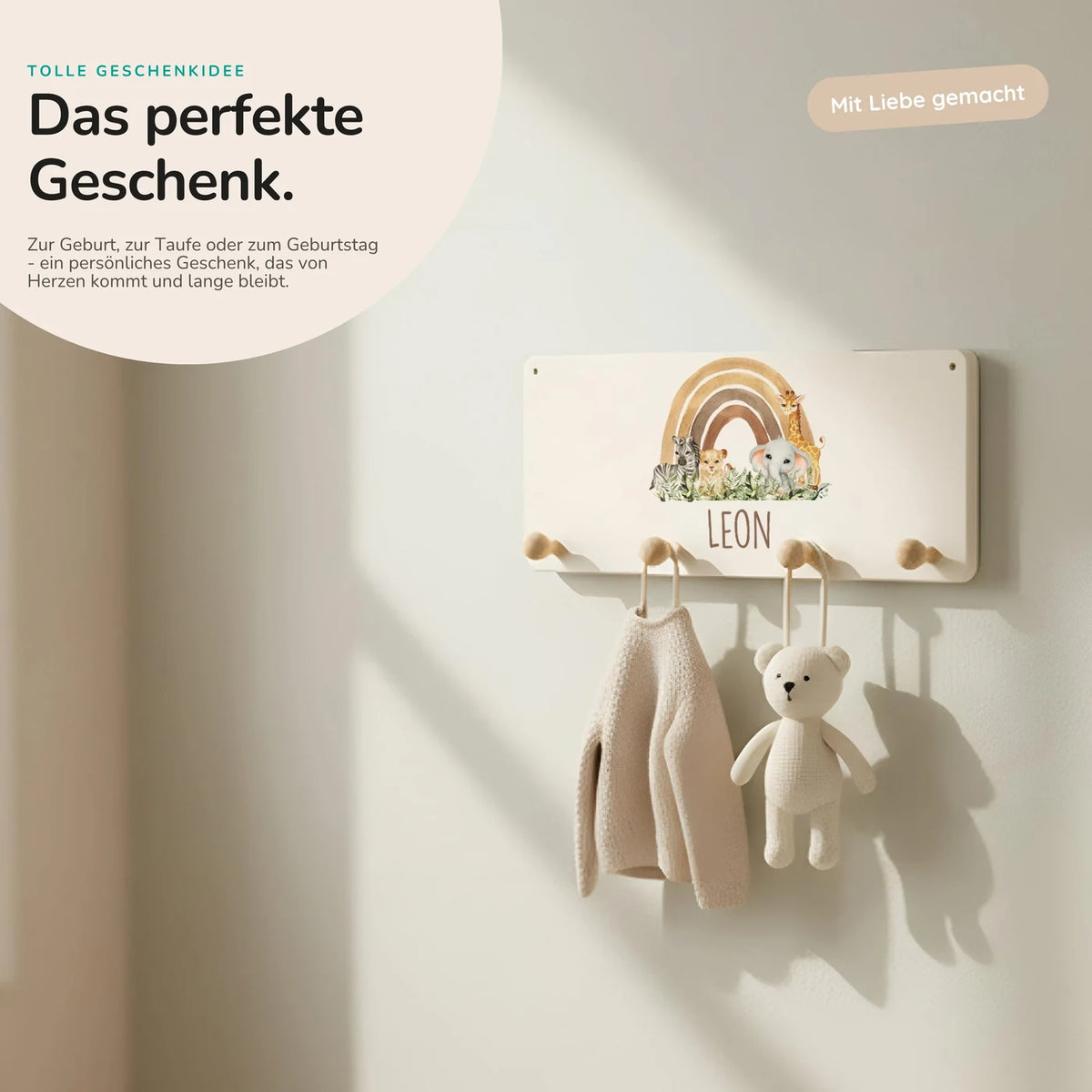 Kindergarderobe Holz personalisiert - Rainbow Animals