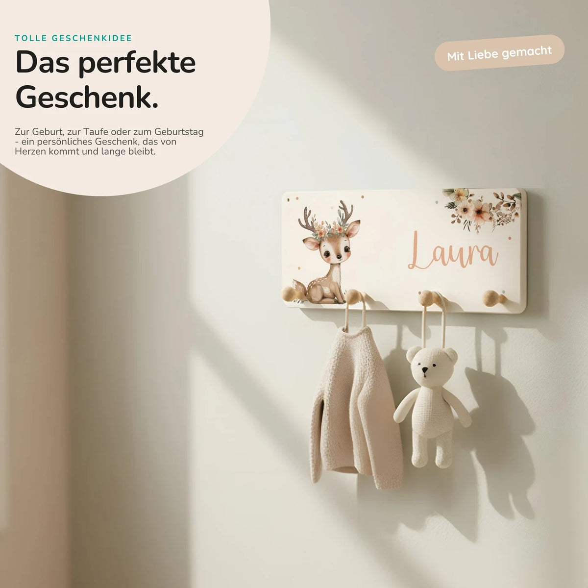 Kindergarderobe Holz personalisiert - Reh