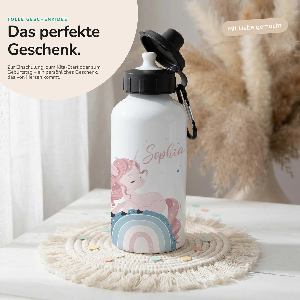 Personalisierte Trinkflasche Kinder – Einhorn Rosa Regenbogen