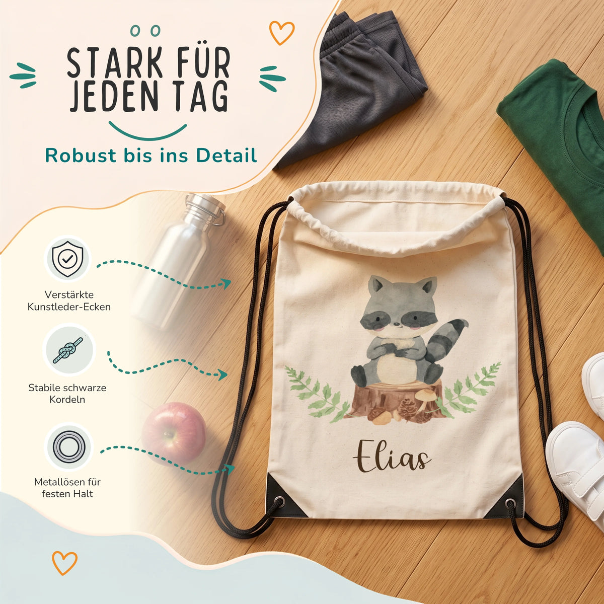 Personalisierter Turnbeutel Waschbär, verstärkte Kunstleder-Ecken und Metallösen im Detail