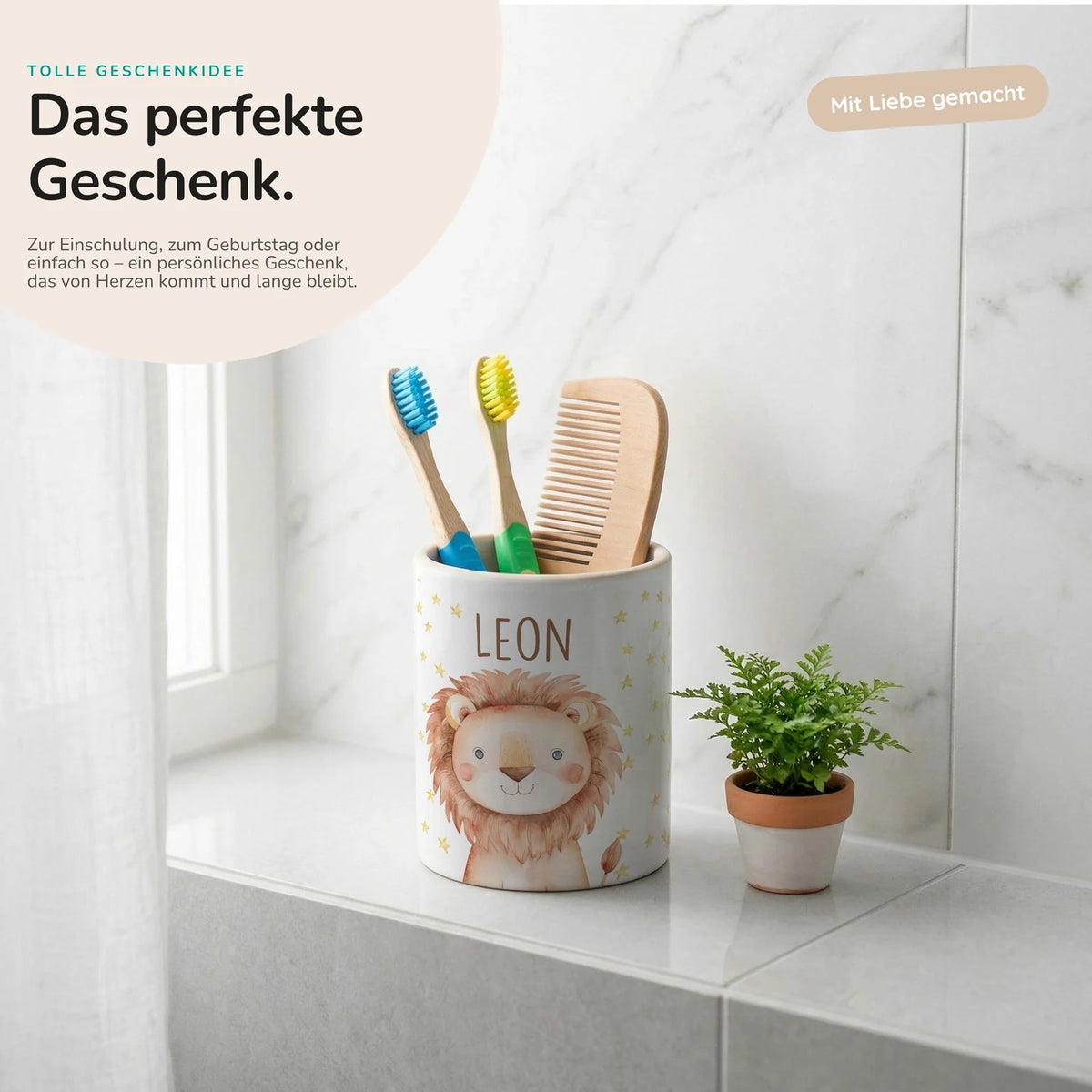 Personalisierter Stiftehalter Löwe Sterne – Keramik mit Wunschname