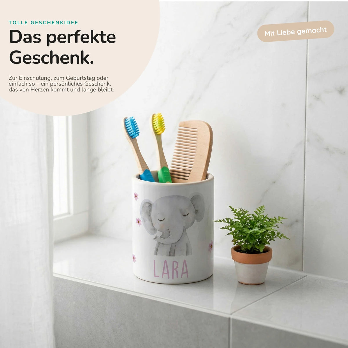 Personalisierter Stiftehalter Elefant Blumen – Keramik mit Wunschname