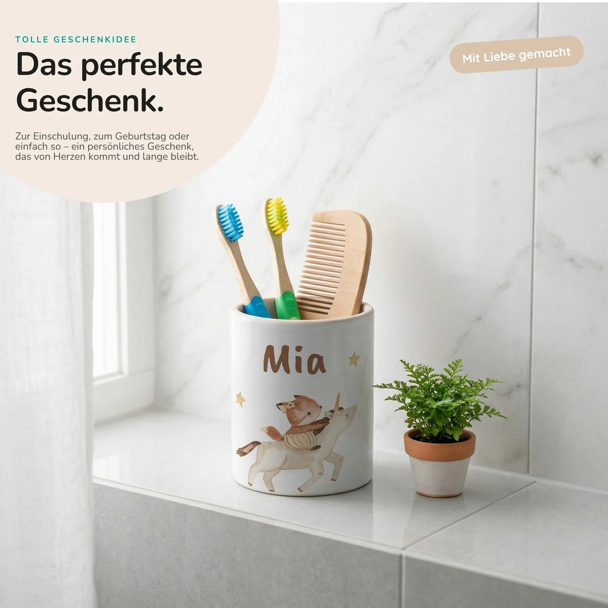 Personalisierter Stiftehalter Fuchs & Einhorn – Keramik mit Wunschname