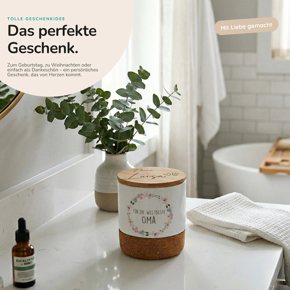 Duftkerze Vanille Keramik – Oma Blumenkranz mit Wunschname