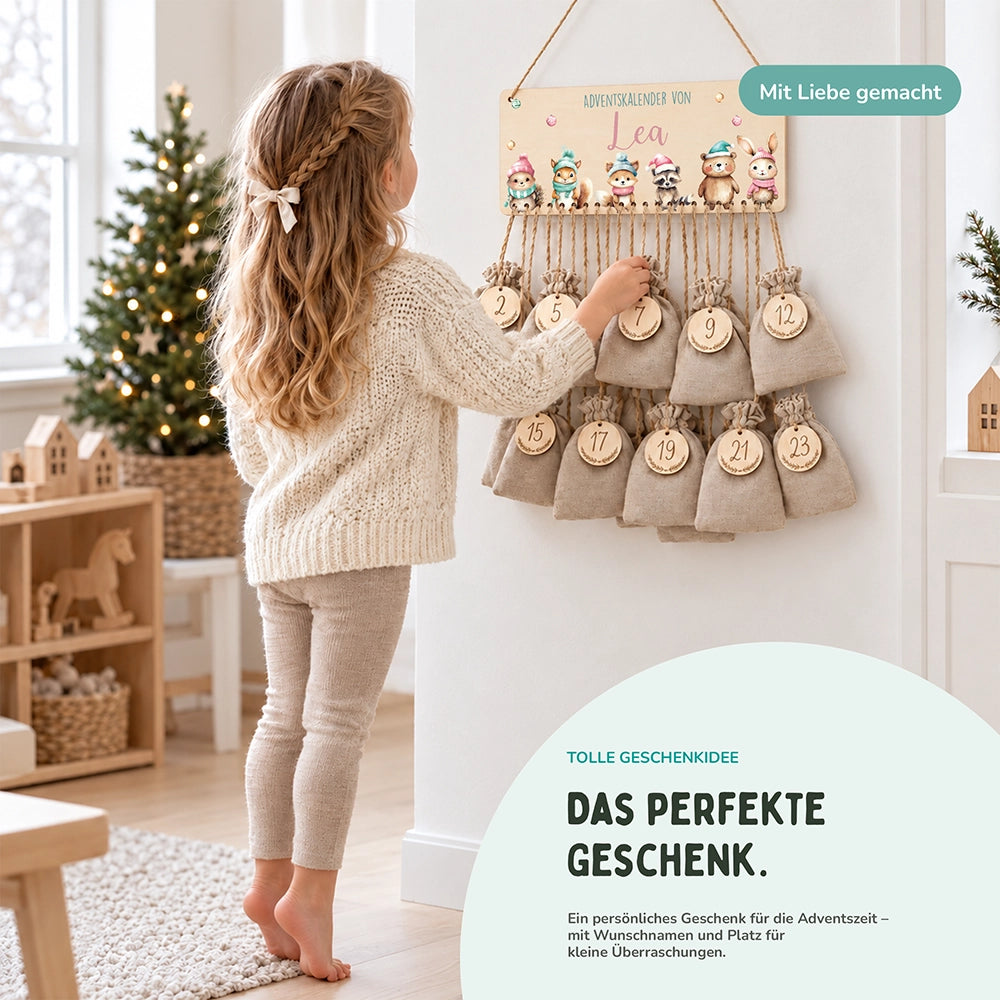 Personalisierbarer Adventskalender farbig - Weihnachtliche Tierfamilie