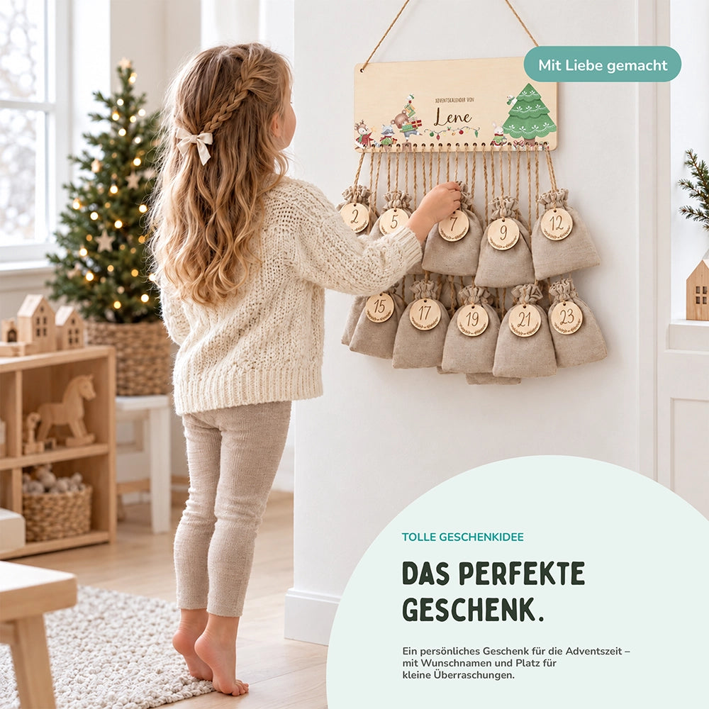 Personalisierbarer Adventskalender farbig - Weihnachtsbaum Tiere