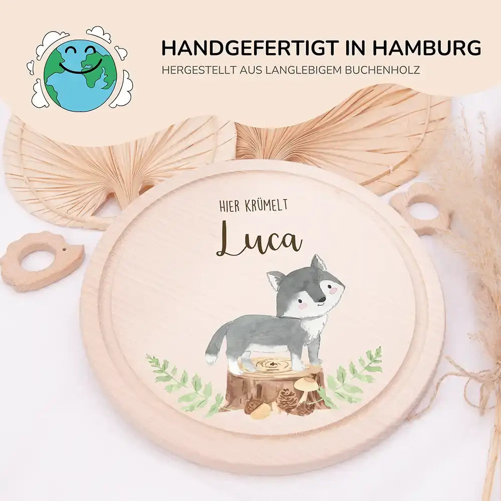 Rundes personalisiertes Frühstücksbrettchen Dachs mit Namen für Kinder