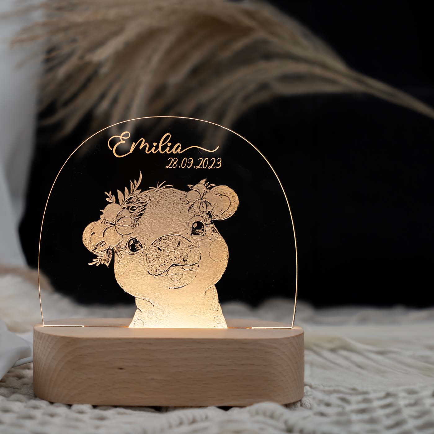 Personalisierte Nachtlampe für Kinder - Nilpferd - Name und Geburtsdatum