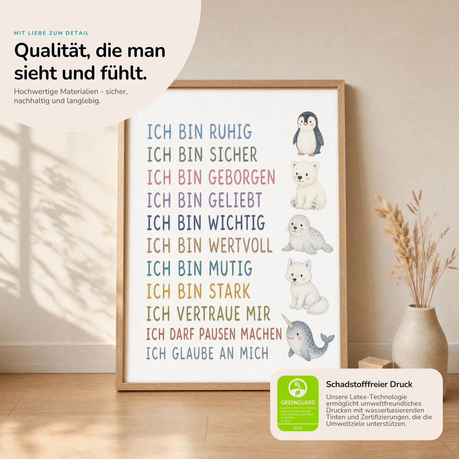Affirmationsposter Kinderzimmer Arktistiere, Nahaufnahme der Affirmationen