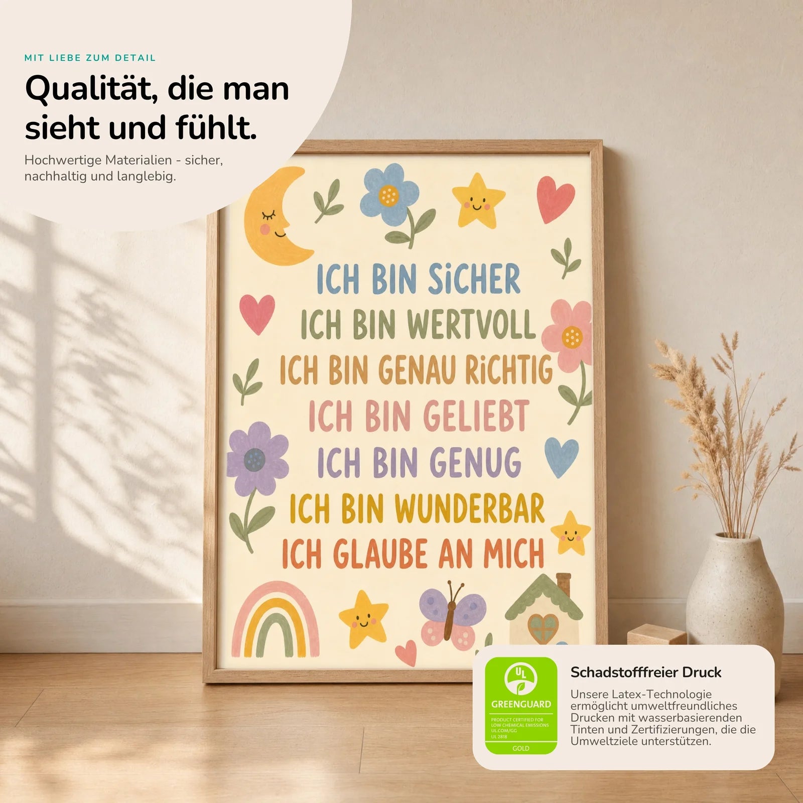 Affirmationsposter Kinderzimmer Blumenwiese Ich bin sicher, Nahaufnahme der Affirmationen