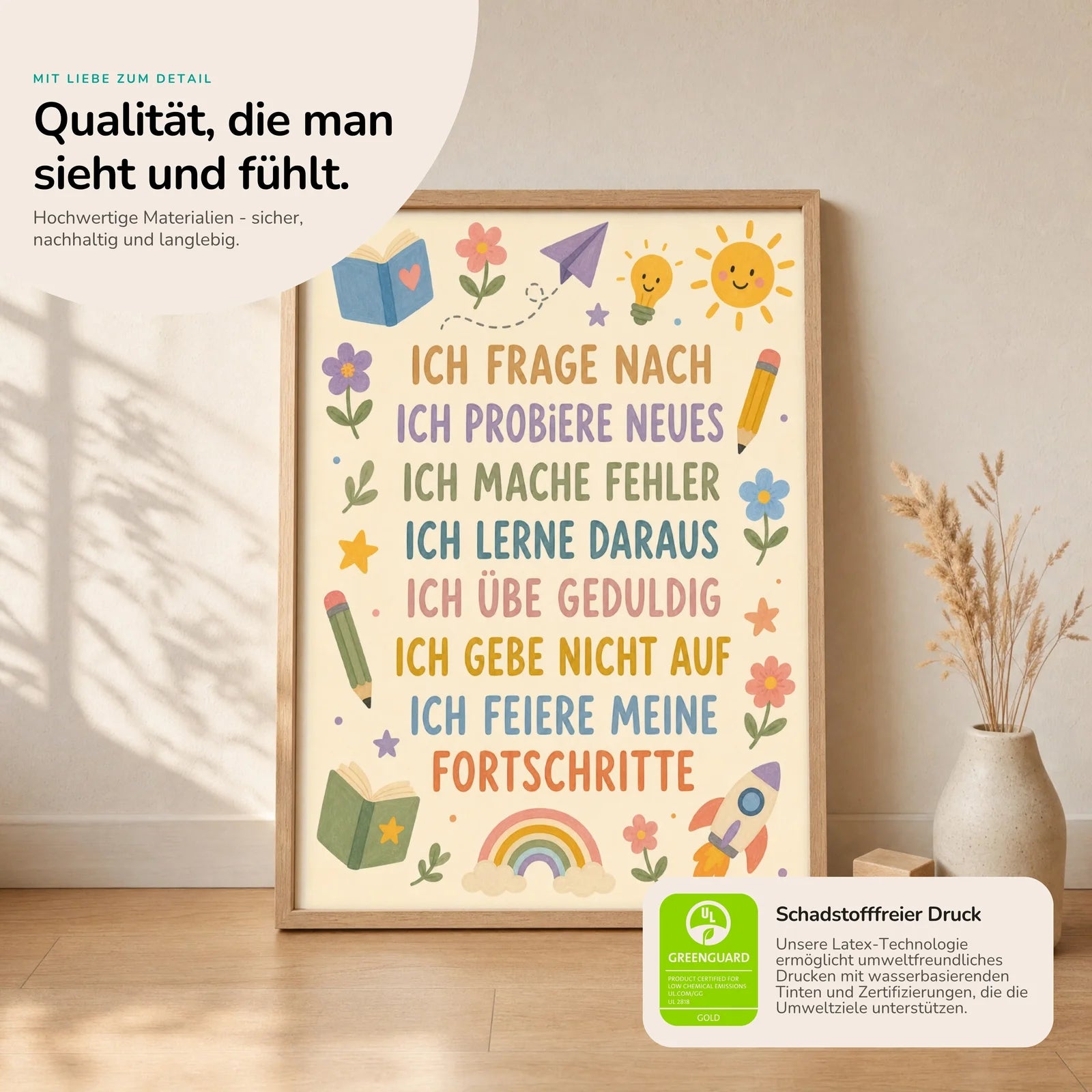 Affirmationsposter Kinderzimmer Blumenwiese Ich frage nach, Nahaufnahme der Affirmationen