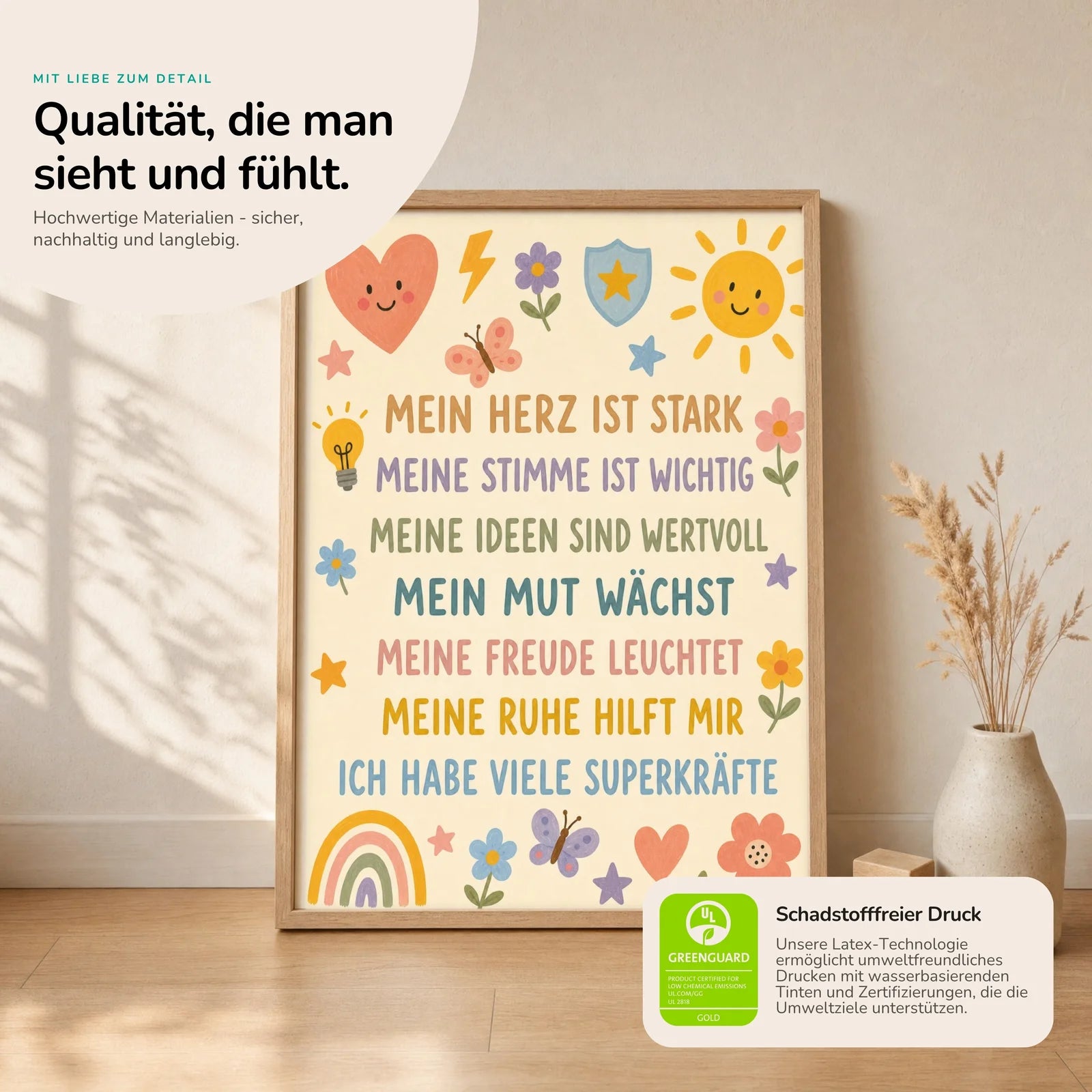 Affirmationsposter Kinderzimmer Blumenwiese Superkräfte, Nahaufnahme der Affirmationen