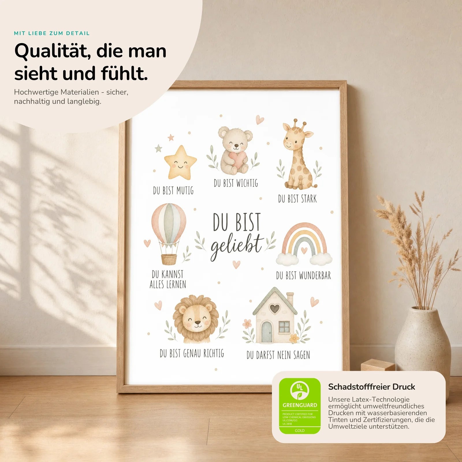 Affirmationsposter Kinderzimmer Collage Du bist geliebt, Nahaufnahme der Affirmationen