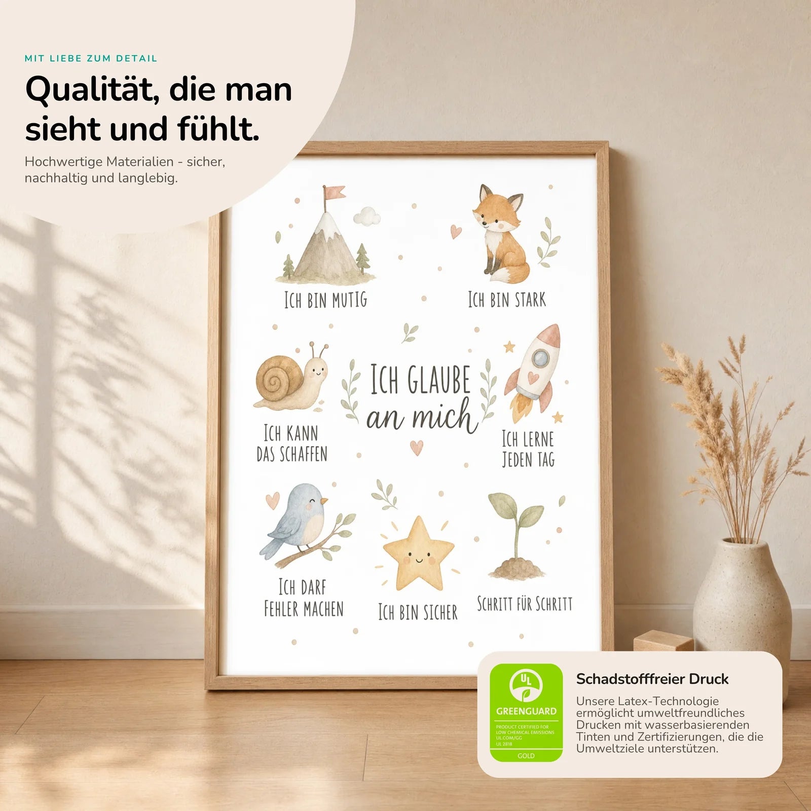 Affirmationsposter Kinderzimmer Collage Ich glaube an mich, Nahaufnahme der Affirmationen