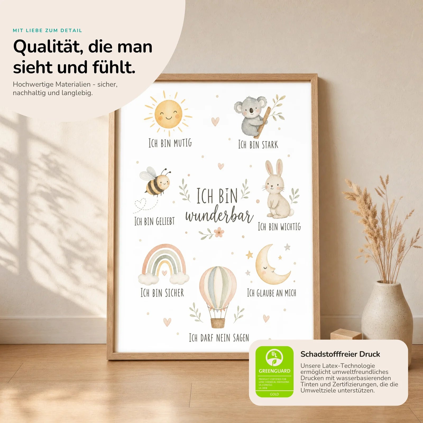 Affirmationsposter Kinderzimmer Collage Ich bin wunderbar, Nahaufnahme der Affirmationen
