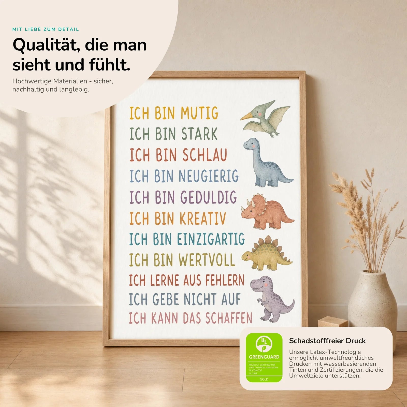 Affirmationsposter Kinderzimmer Dinos, Nahaufnahme der Affirmationen