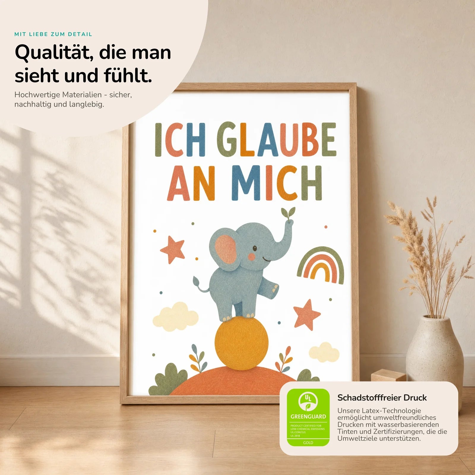 Affirmationsposter Kinderzimmer Elefant Ich glaube an mich, Nahaufnahme der Affirmationen