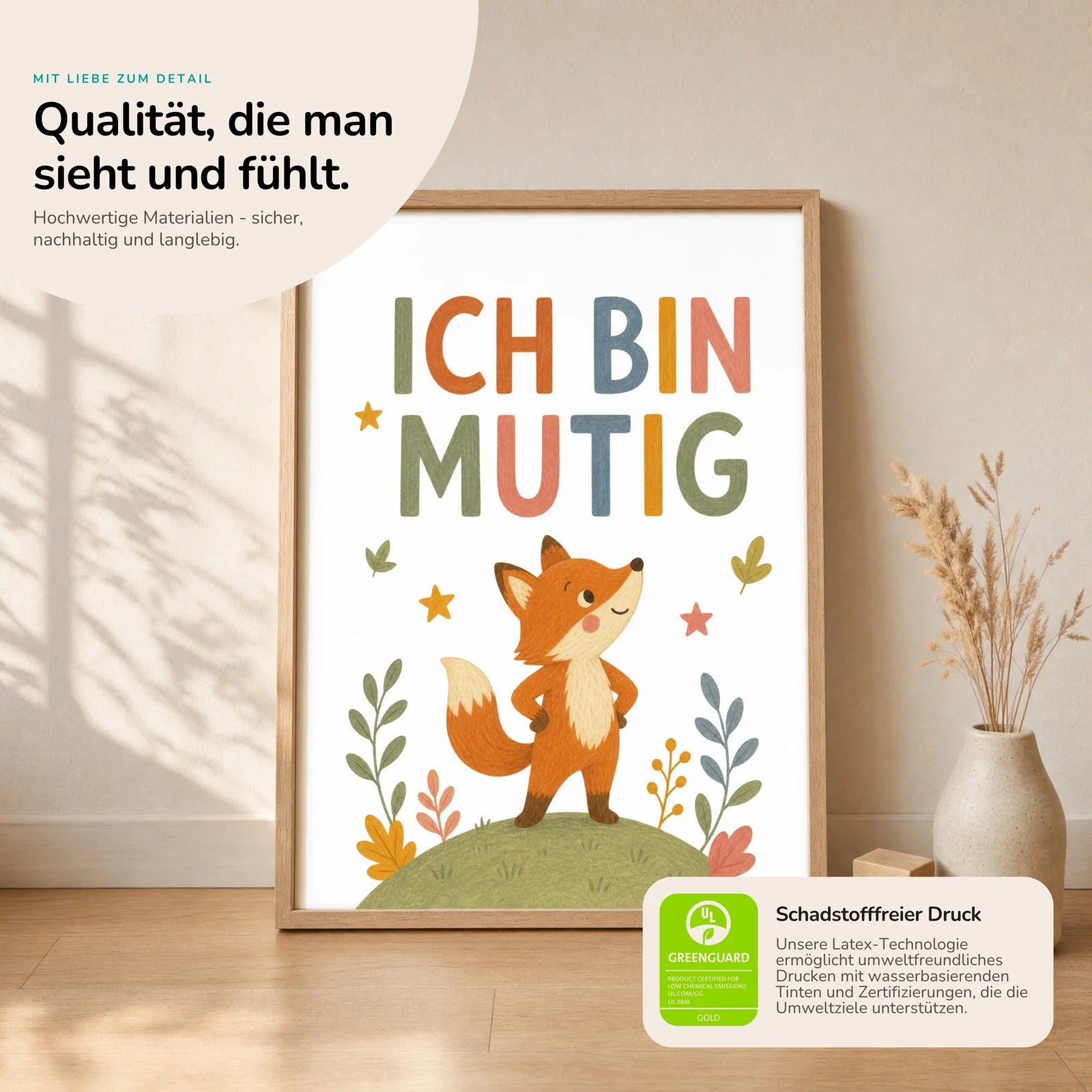 Affirmationsposter Kinderzimmer Fuchs Ich bin mutig, Nahaufnahme der Affirmationen