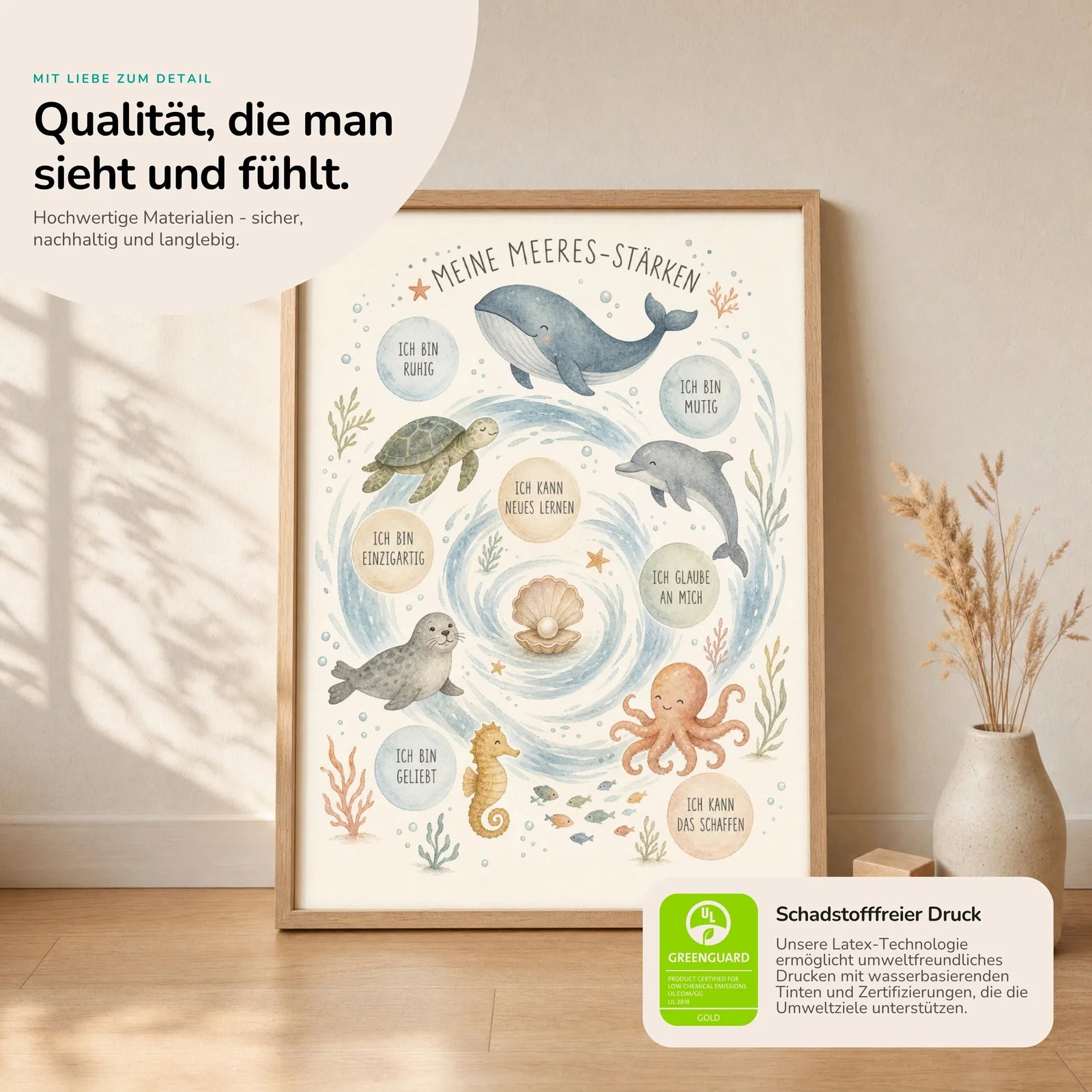 Affirmationsposter Kinderzimmer Meeres-Stärken, Nahaufnahme der Affirmationen