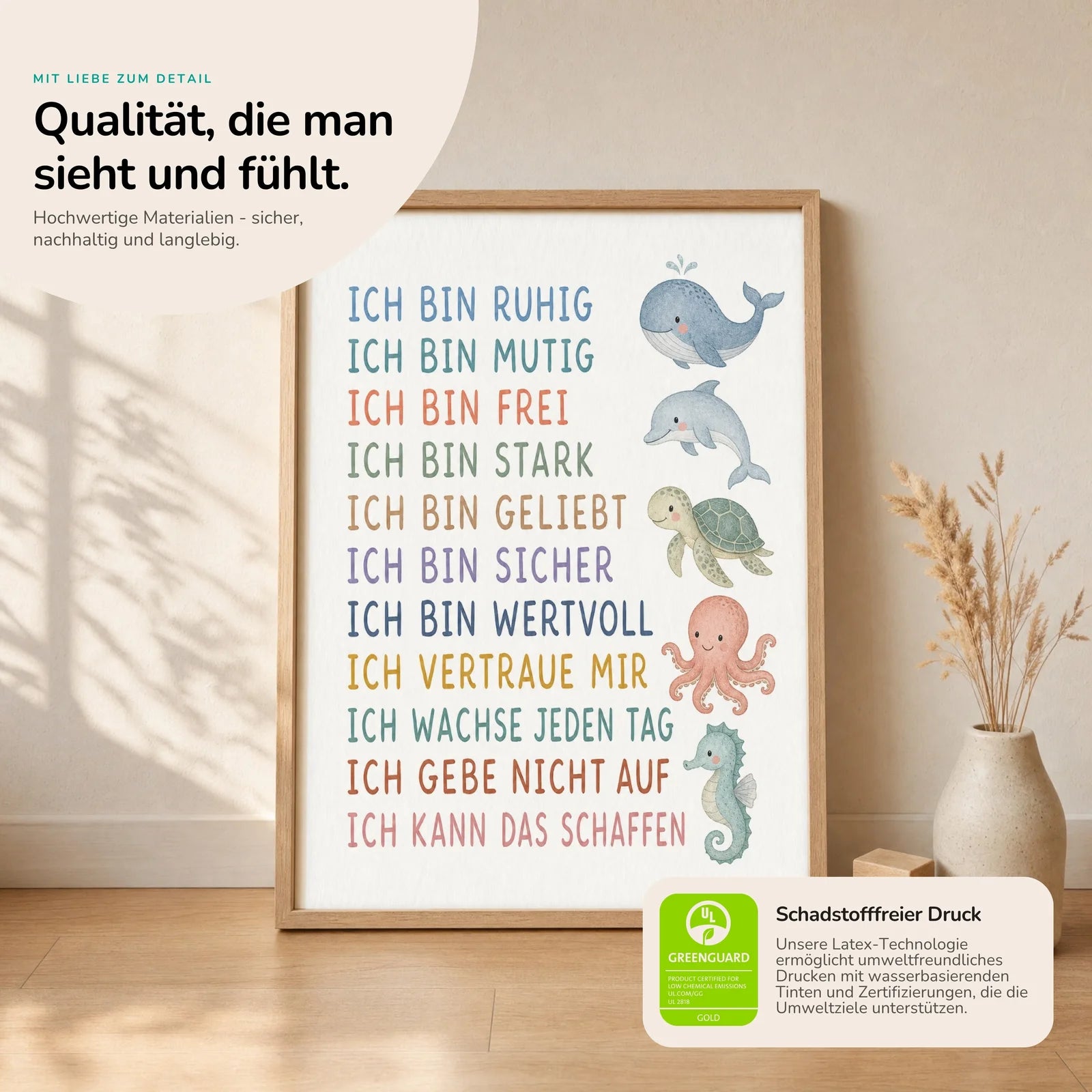 Affirmationsposter Kinderzimmer Meerestiere, Nahaufnahme der Affirmationen